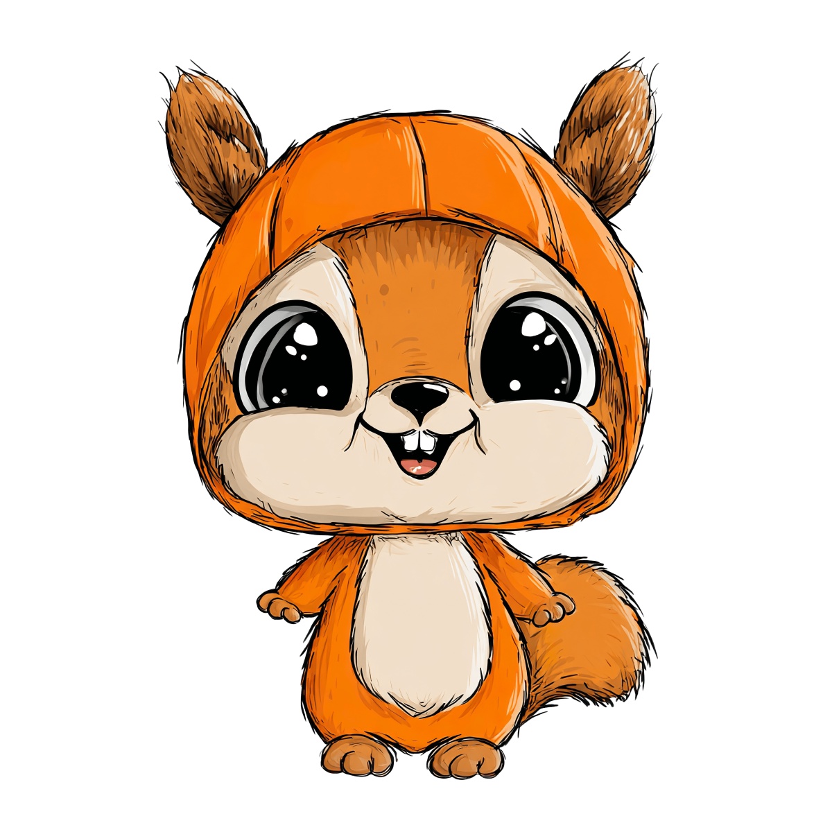 Cartoon squirrel in orange hoodie with large eyes and bushy tail.