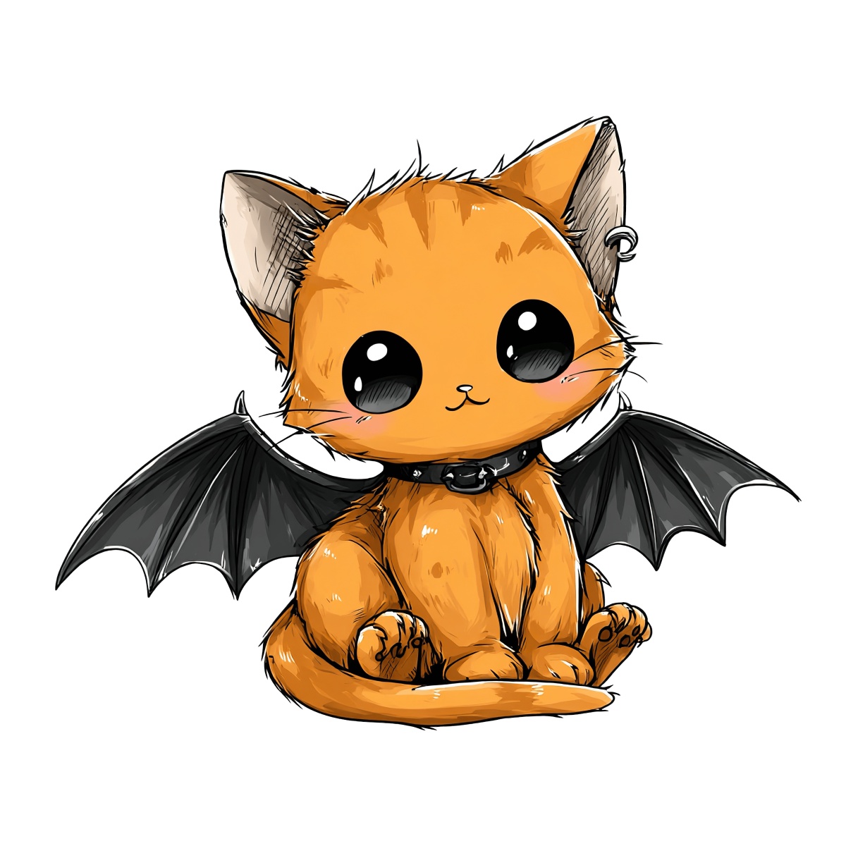 Orange cat with bat-like wings sitting, wearing a collar.