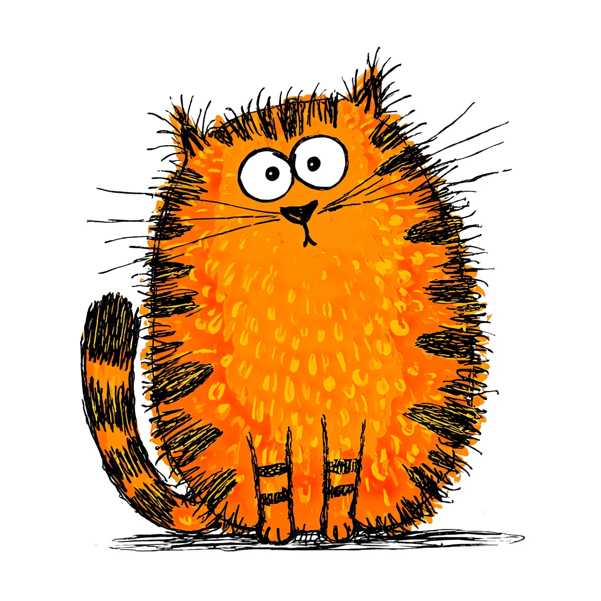 Illustration of an orange cat with black stripes and large eyes.