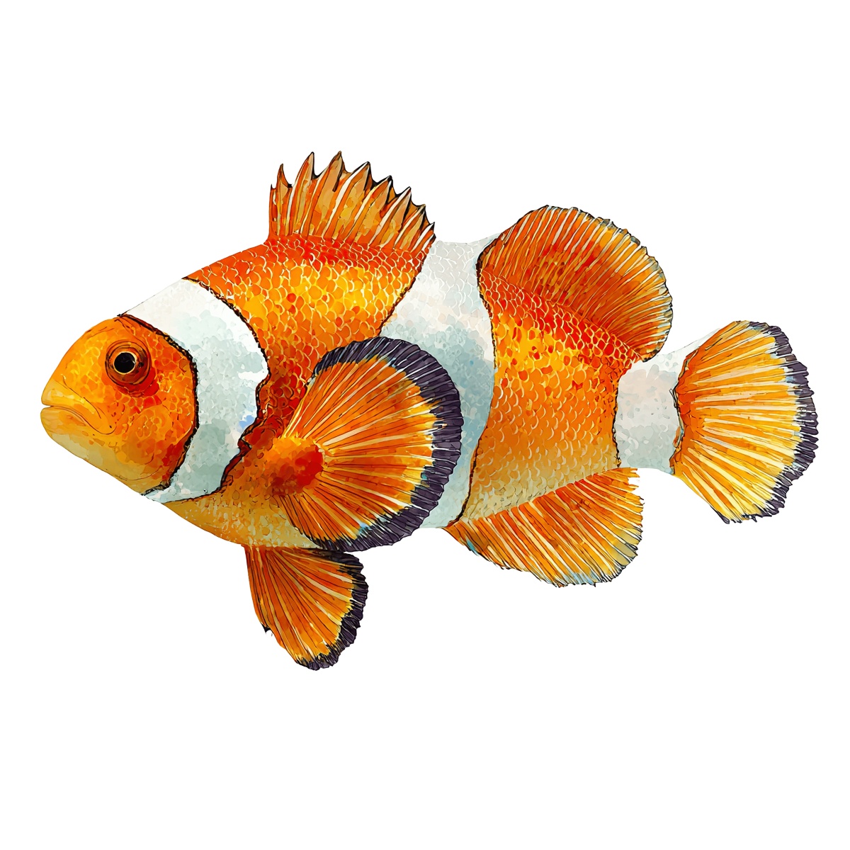 Orange clownfish with white stripes and dark fins