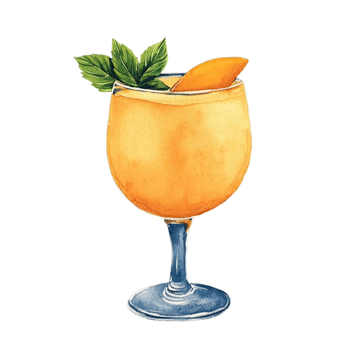 Orange cocktail in a glass with mint leaves and a fruit slice.