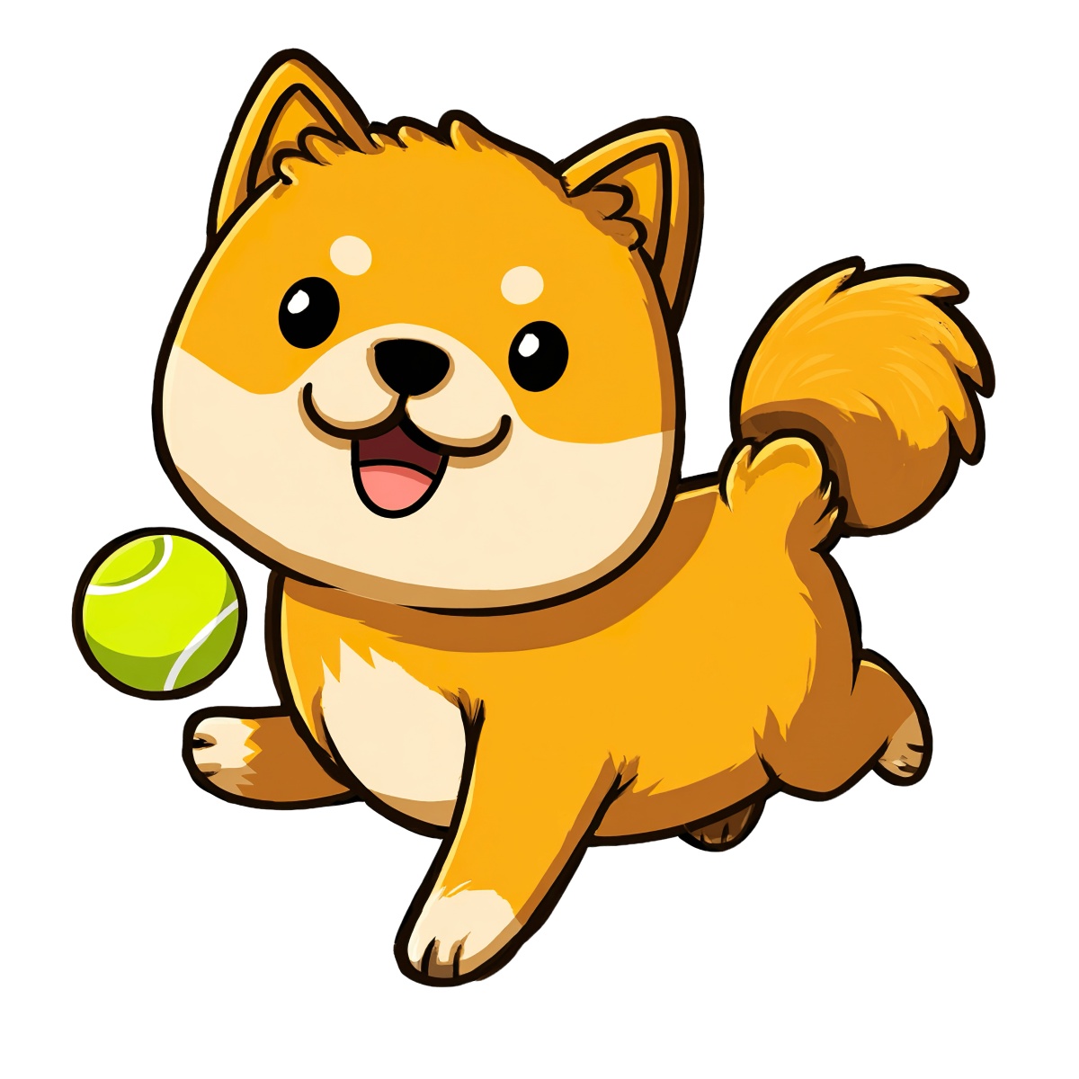 Orange dog with tennis ball, small ears, fluffy tail, large eyes.