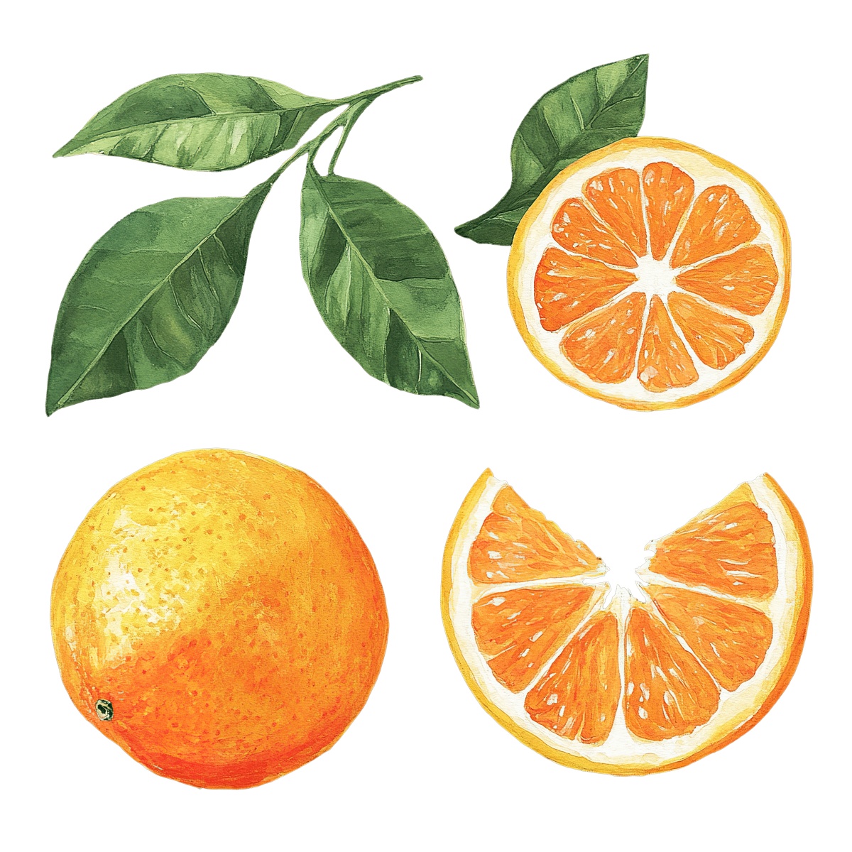 Orange fruit with leaves and sliced sections in a detailed clipart style.