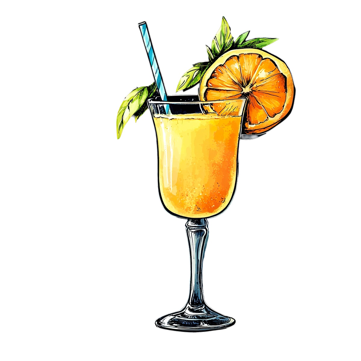 Glass of orange juice with a straw and orange slice garnish.