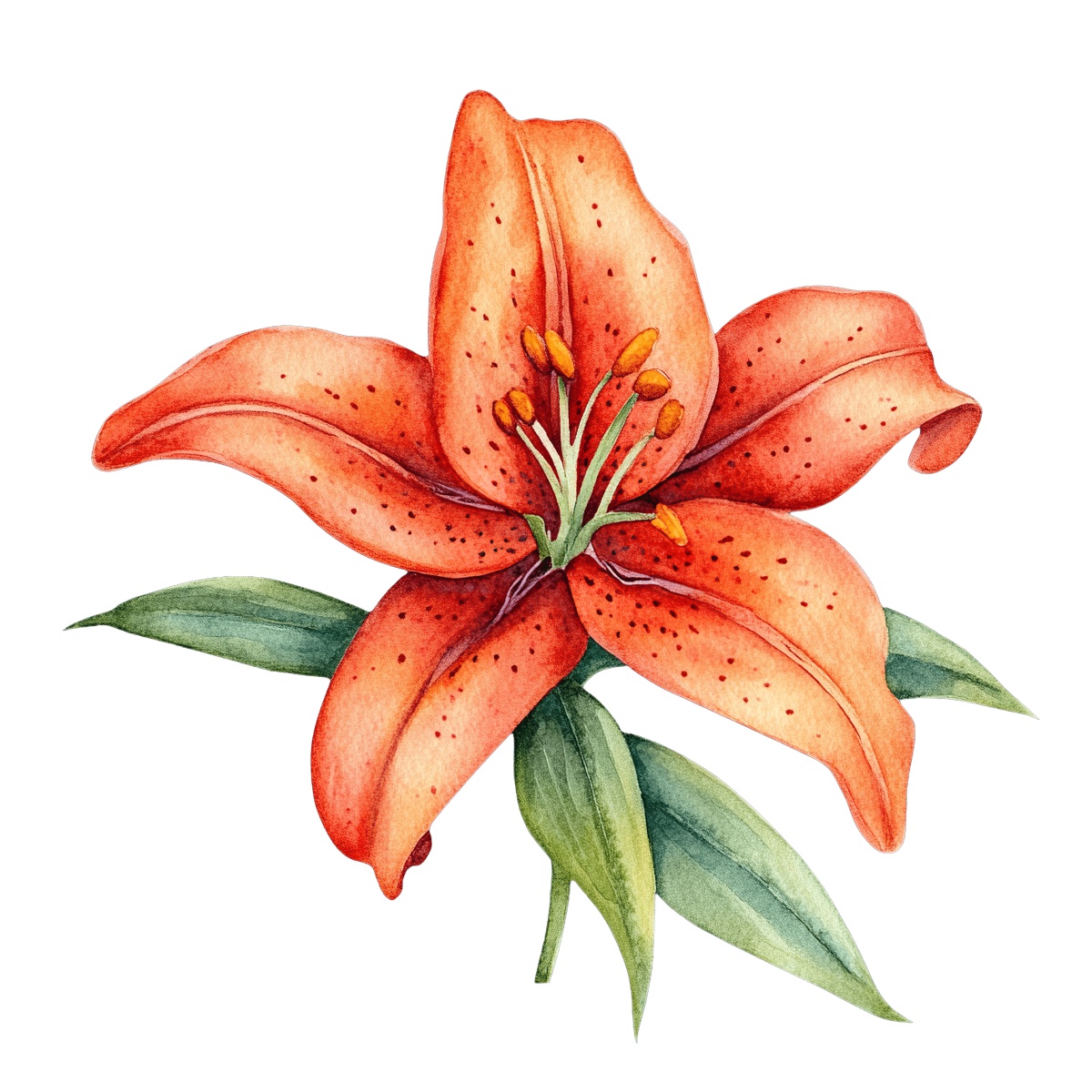 Illustration of an orange lily flower with speckled petals and green leaves.