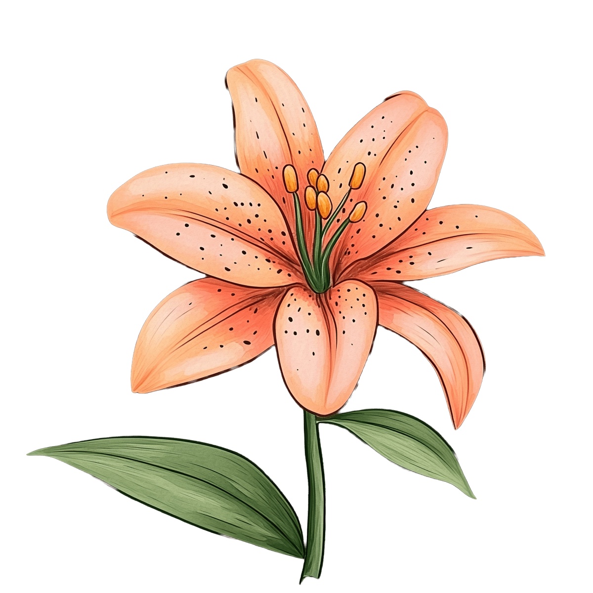 Illustration of an orange lily flower with green leaves on a black background.
