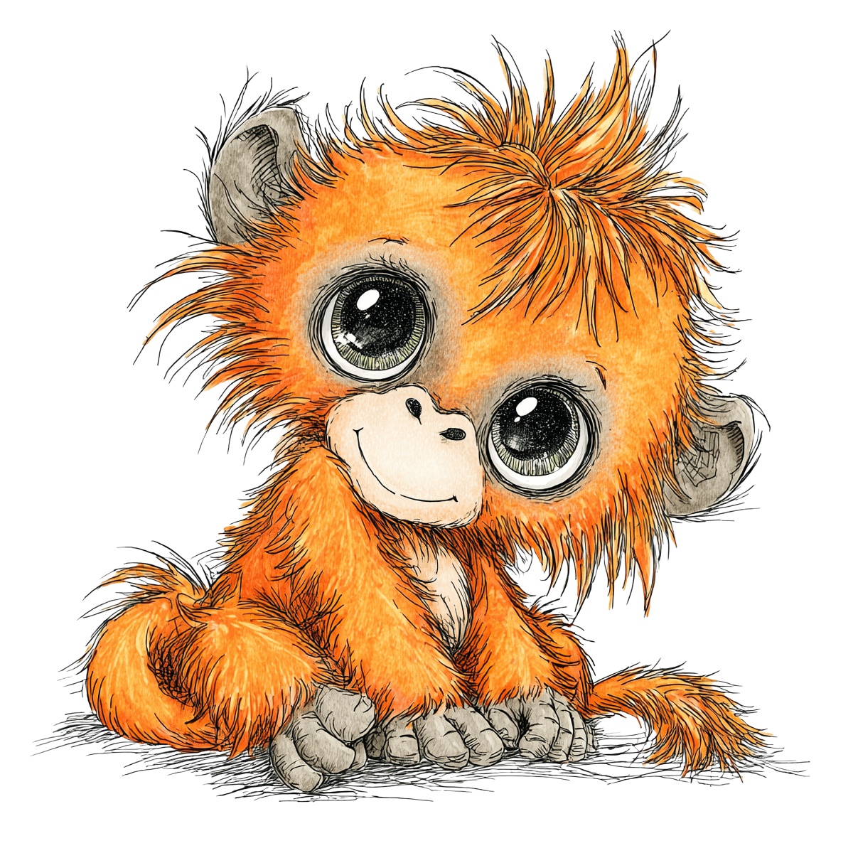 Orange monkey with fluffy fur and large eyes in cartoon style.