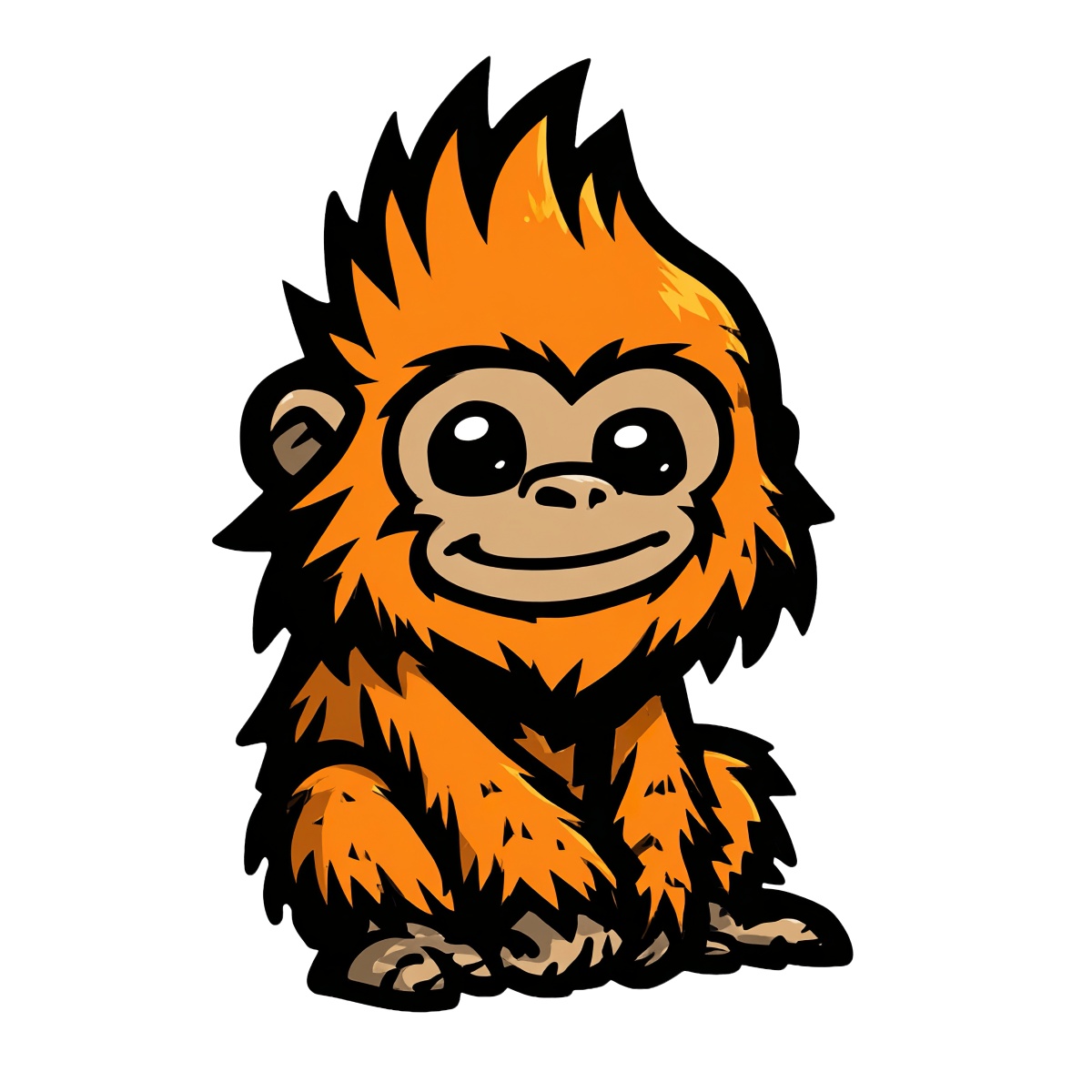 Orange cartoon monkey with spiky fur sitting with large eyes.