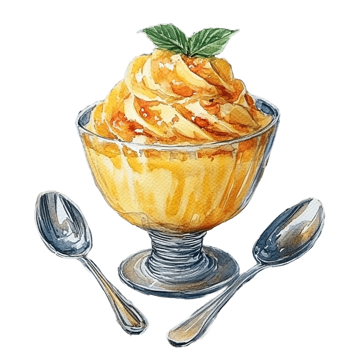 Orange mousse dessert in a glass with mint leaves and two spoons.