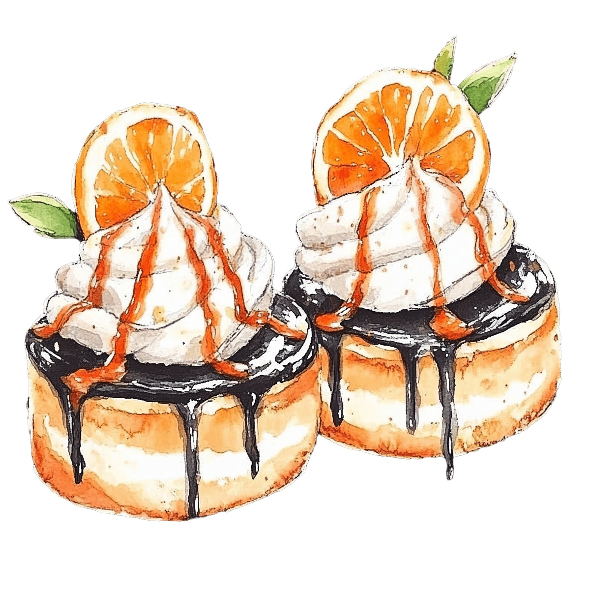 Orange mousse desserts with chocolate drizzle and orange slices on top.