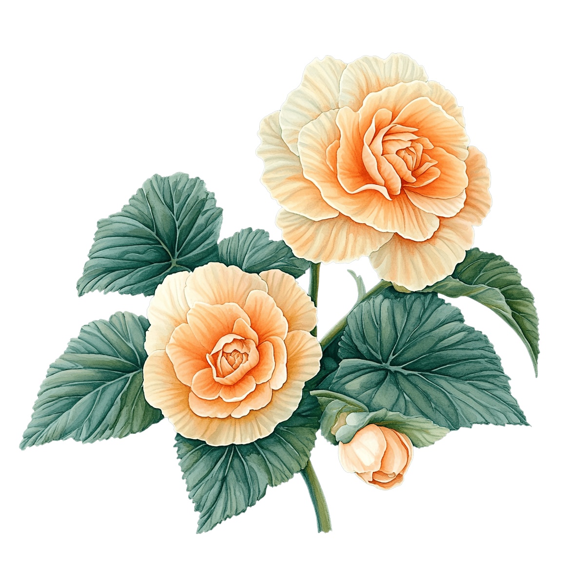 Orange peony flowers with green leaves against a black background.