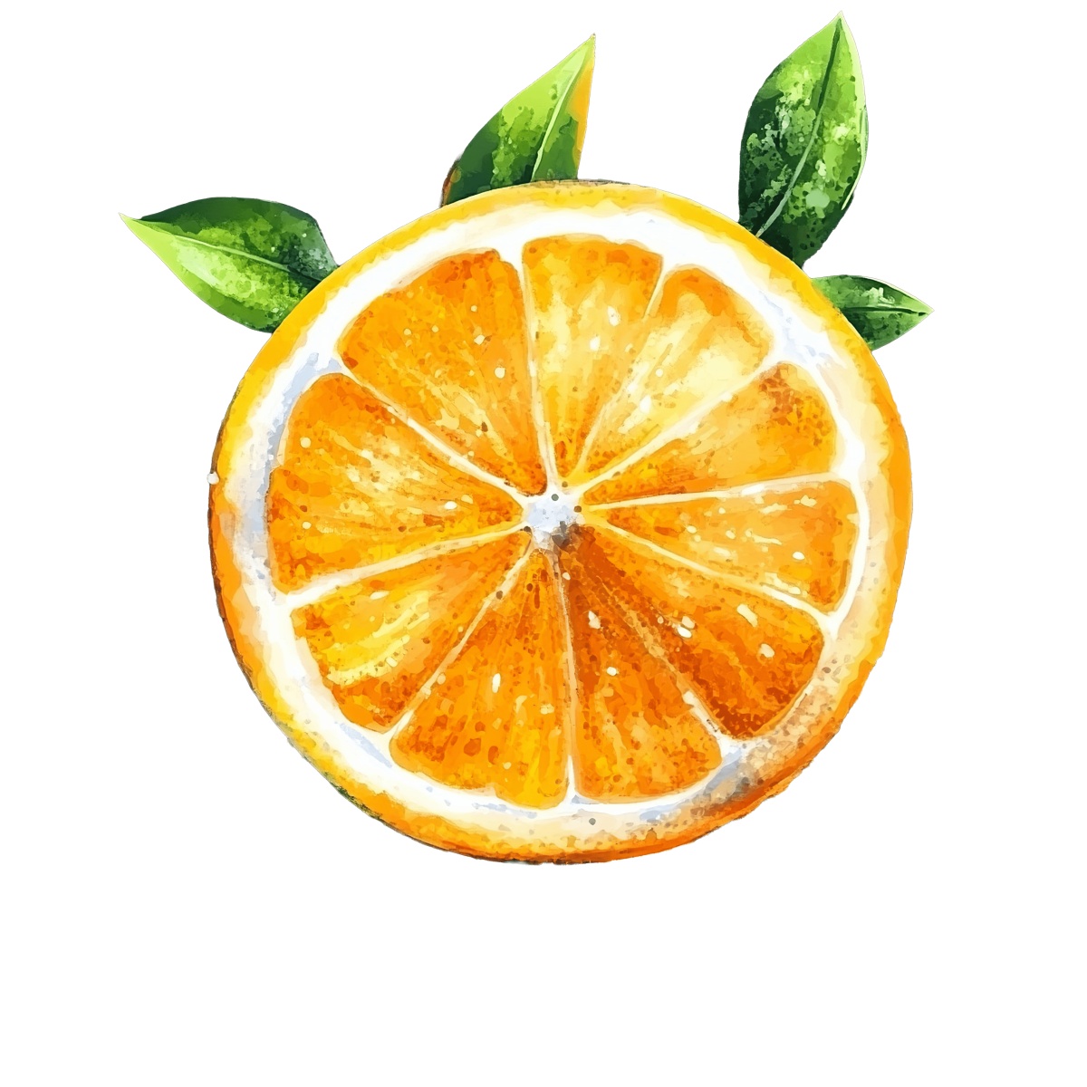 Watercolor style orange slice with green leaves in a clipart design.