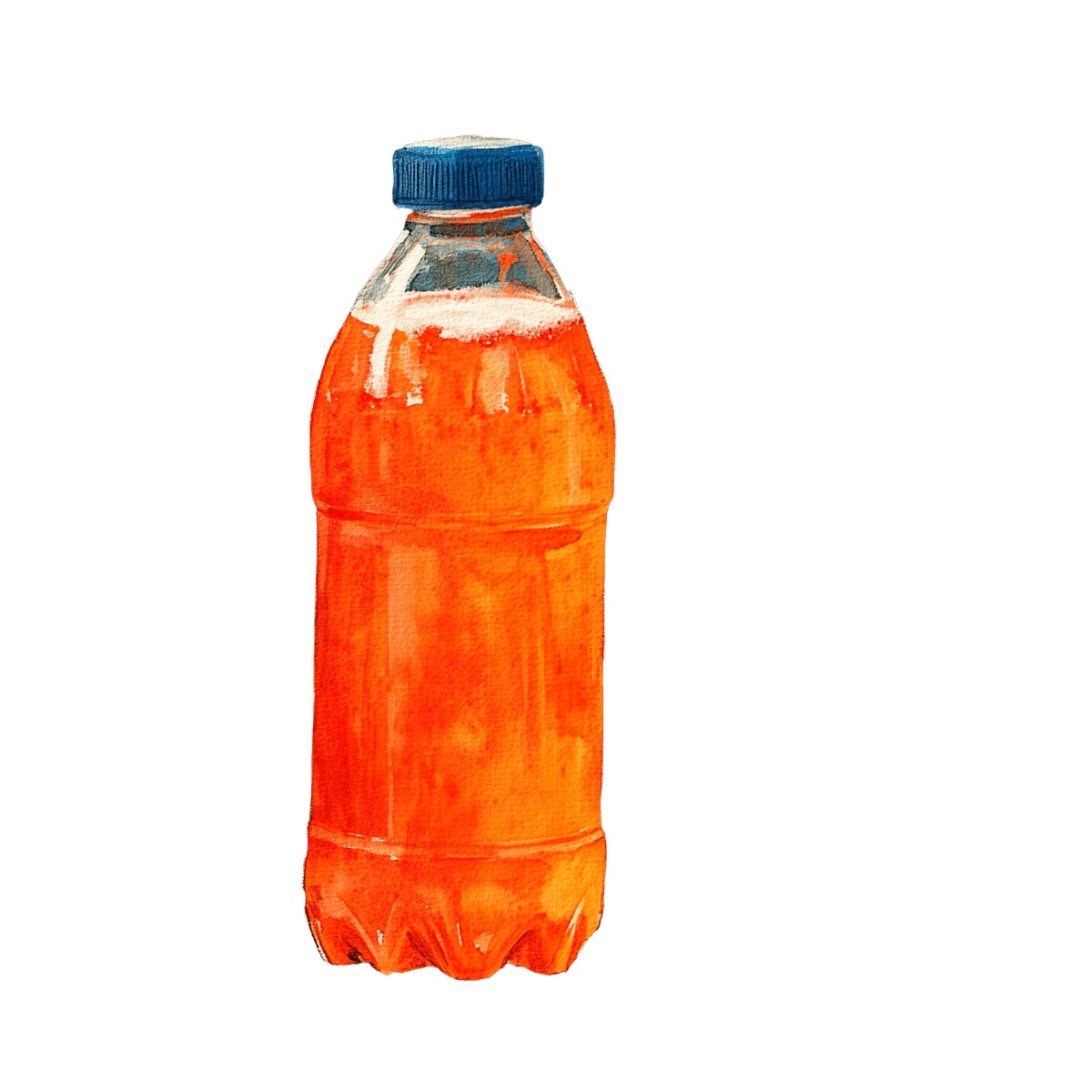 Orange soda bottle with a blue cap in a clipart style.