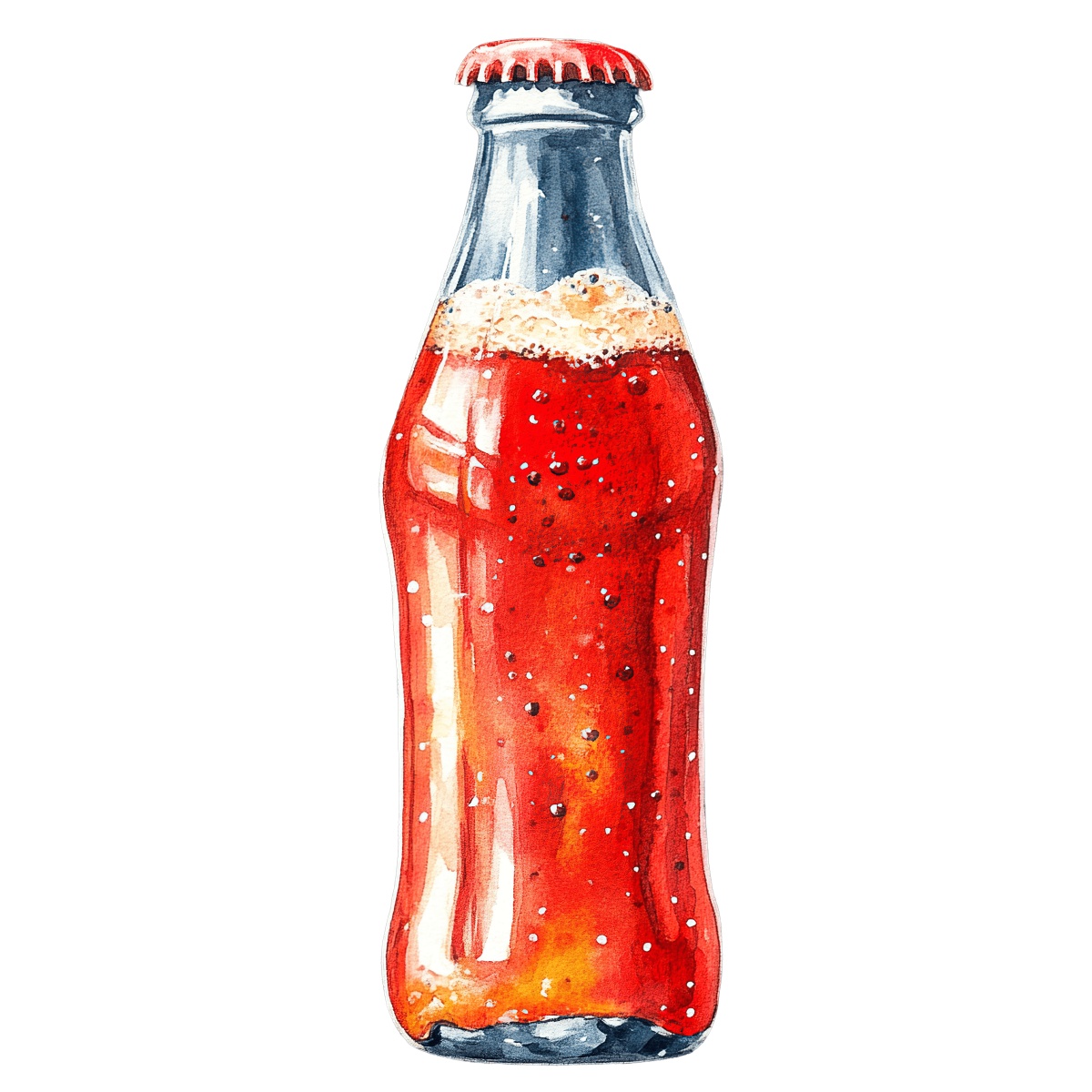 Orange soda bottle with bubbles and a red cap in clipart style.