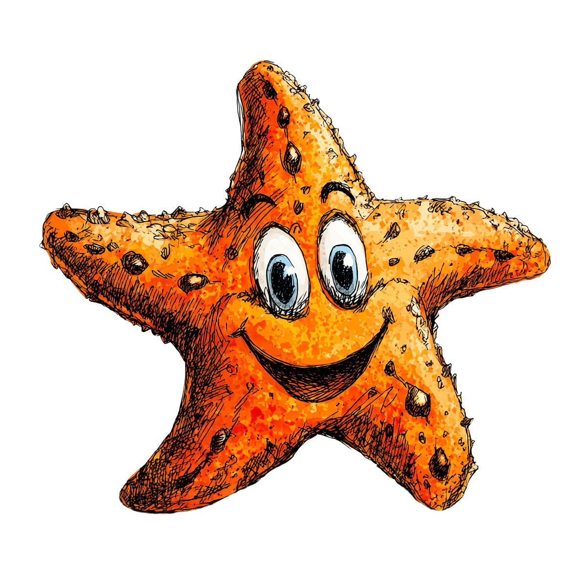 Starfish with orange color and large eyes in clipart style.