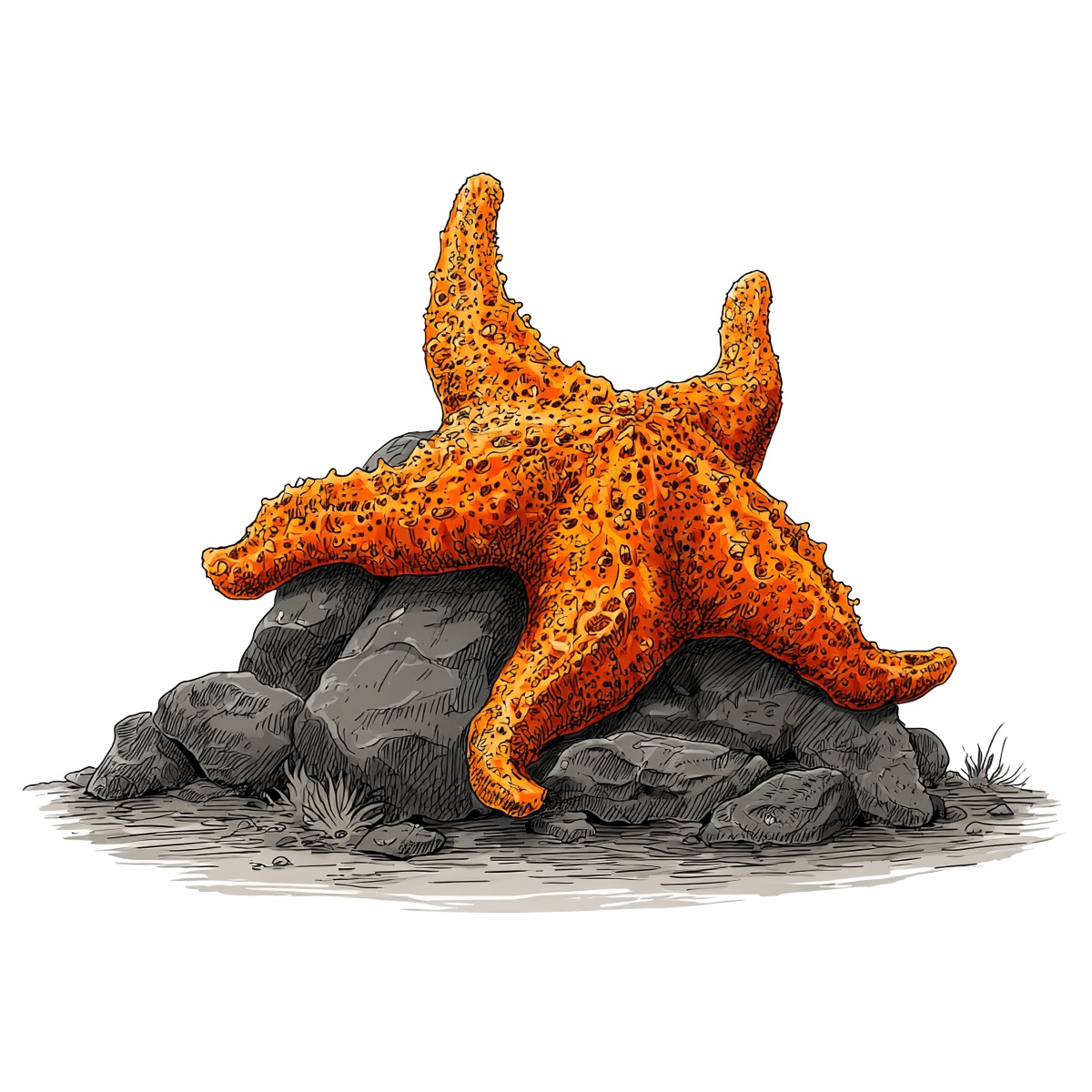 Orange starfish on gray rocks
