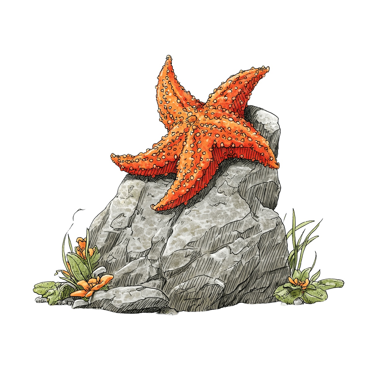 Orange starfish on textured rock surrounded by plants