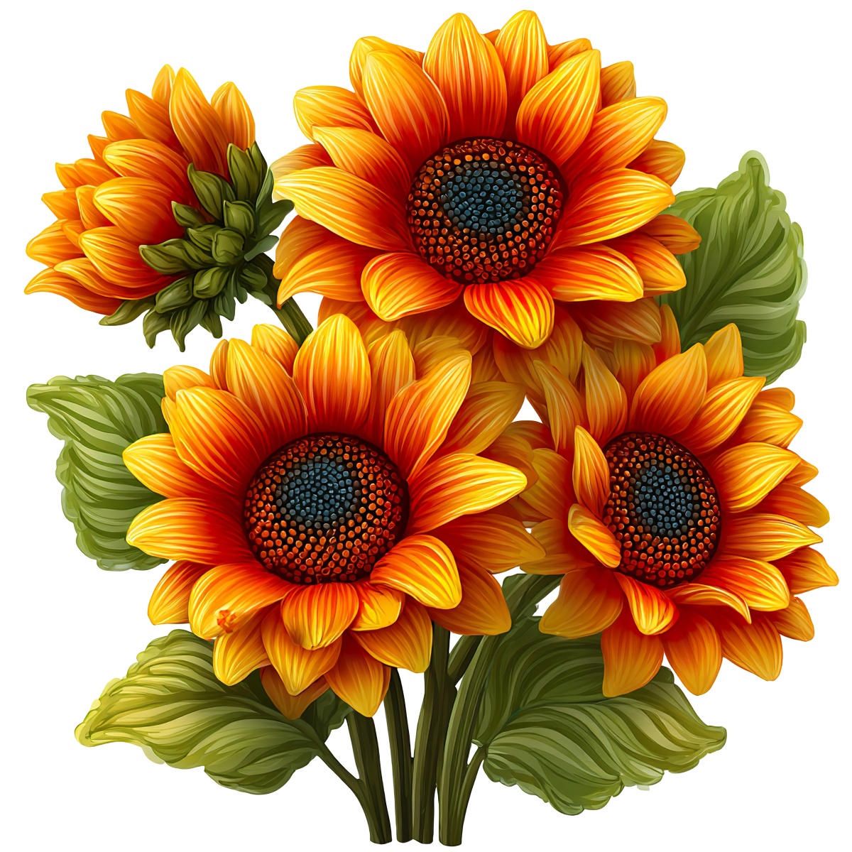 Bright orange sunflowers and green leaves