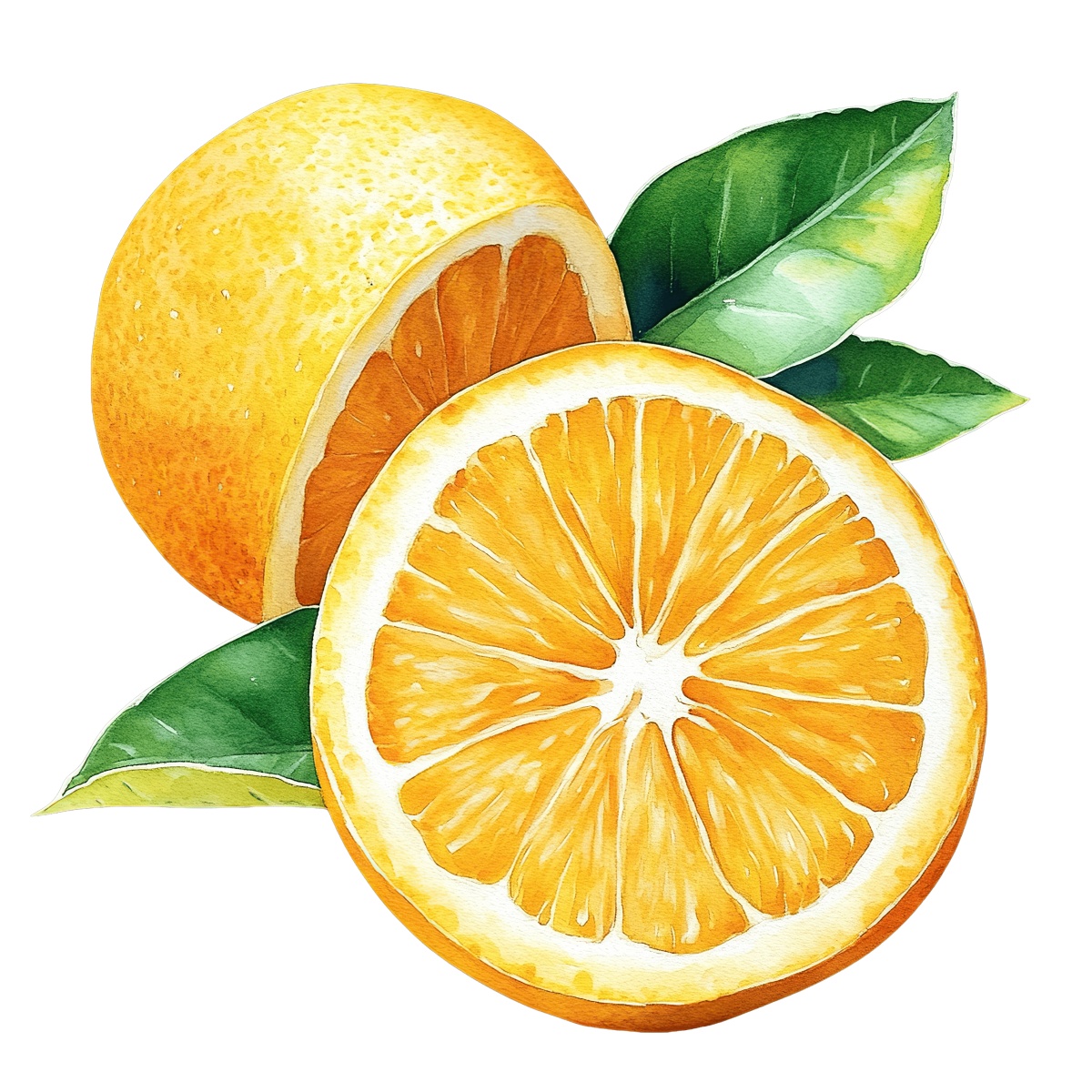 Orange fruit with leaf and slice in detailed clipart style.