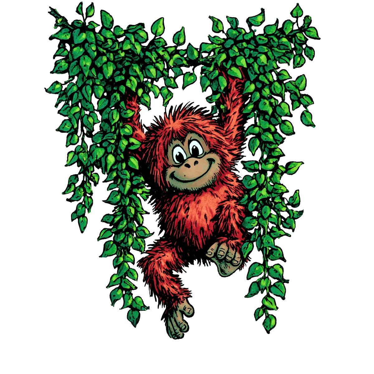 Orangutan with orange fur hanging from green vines in cartoon style.