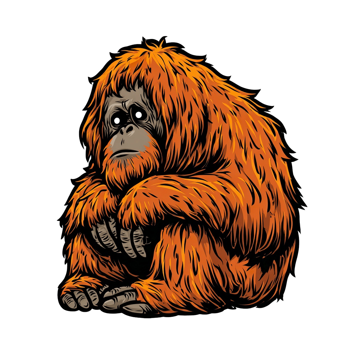 Orangutan with shaggy orange fur sitting with folded arms, detailed illustration.