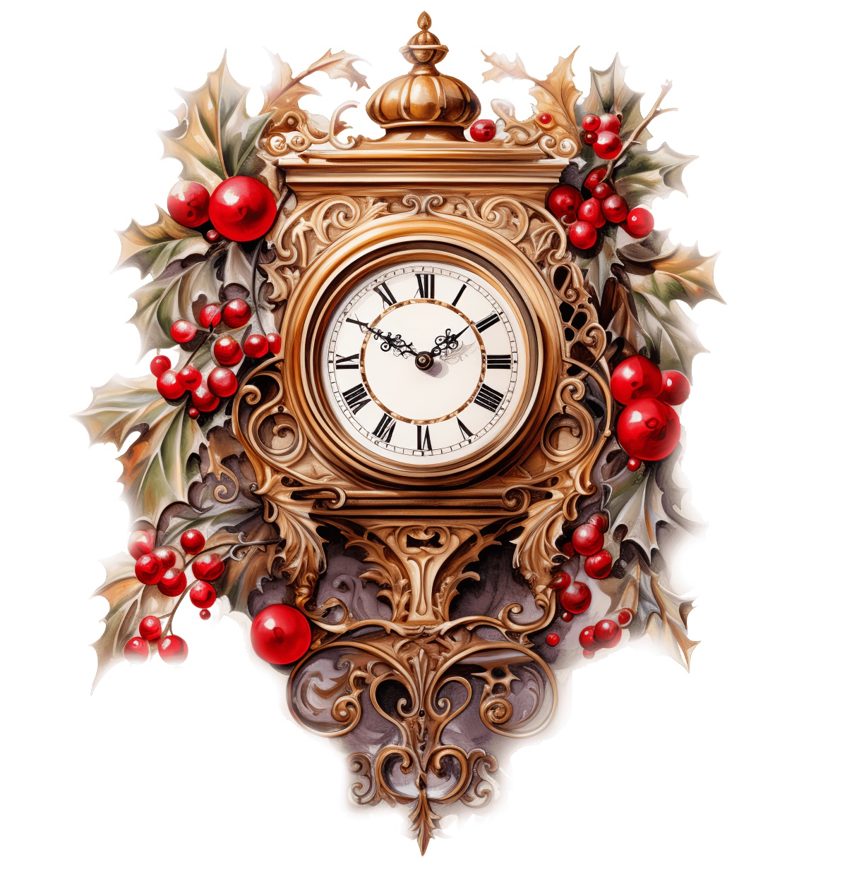 Ornate clock decorated with holly leaves and red berries for holiday theme.
