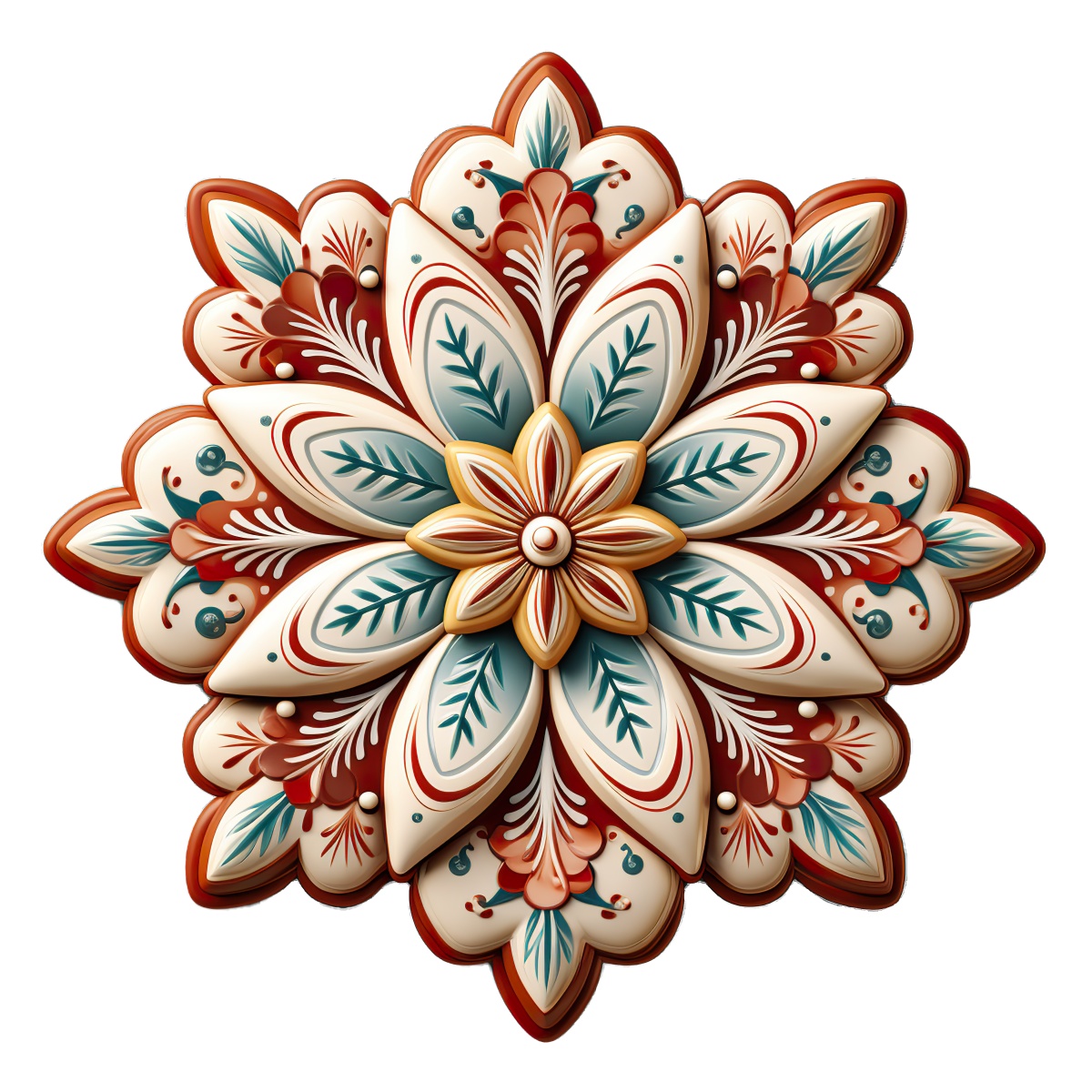 Ornate floral mandala with leaf and petal motifs in earthy colors.