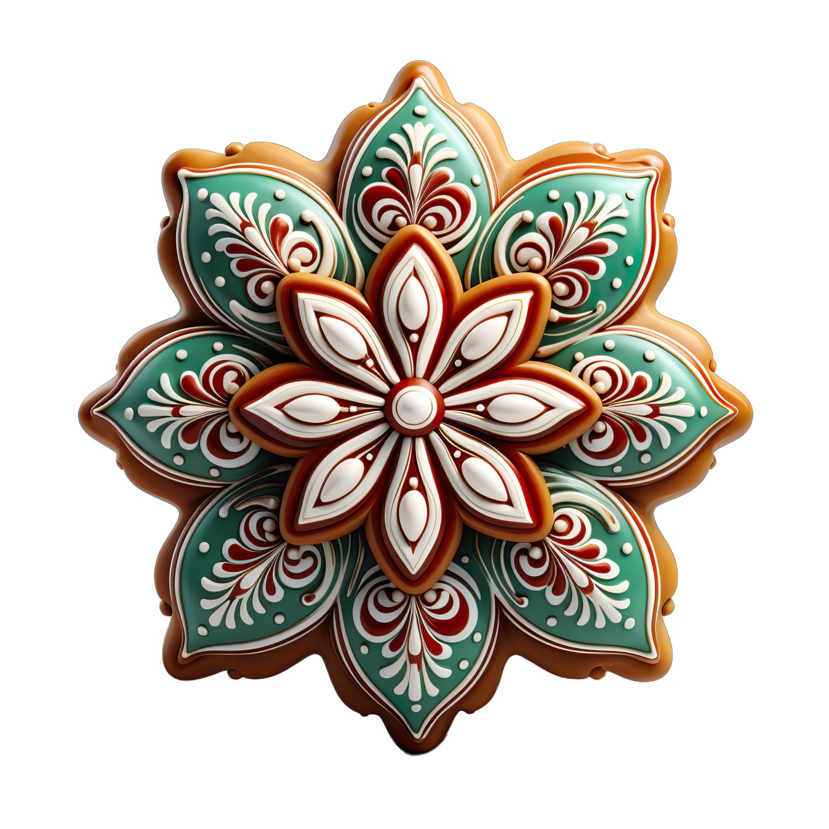 Ornate gingerbread cookie with green and red decorative patterns.