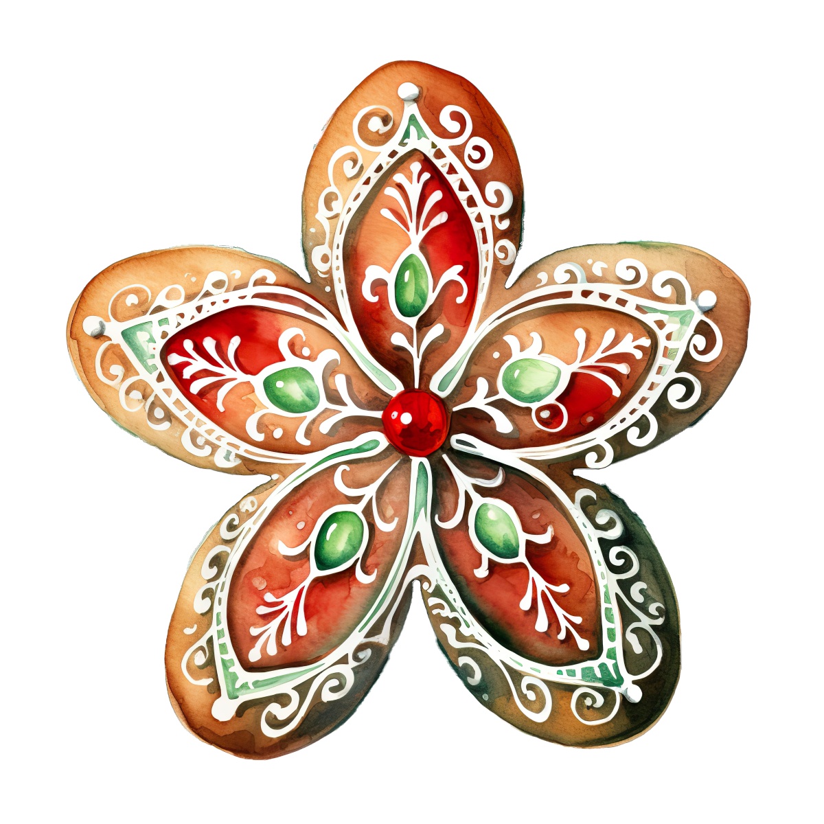 Gingerbread cookie decorated with intricate red and green icing details.