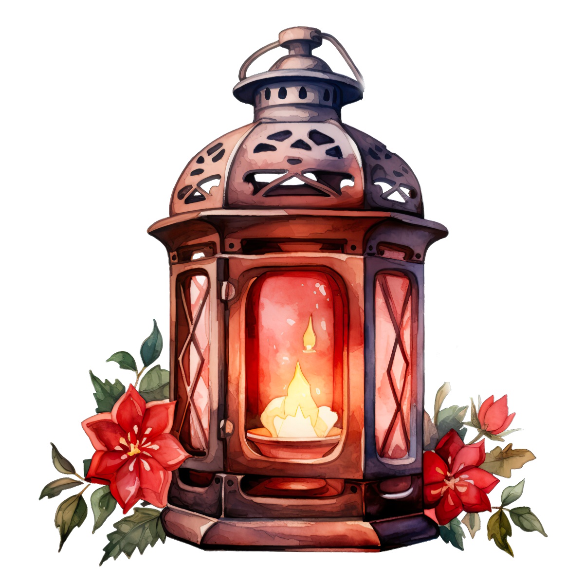 Ornate lantern with a glowing candle and red poinsettia flowers.
