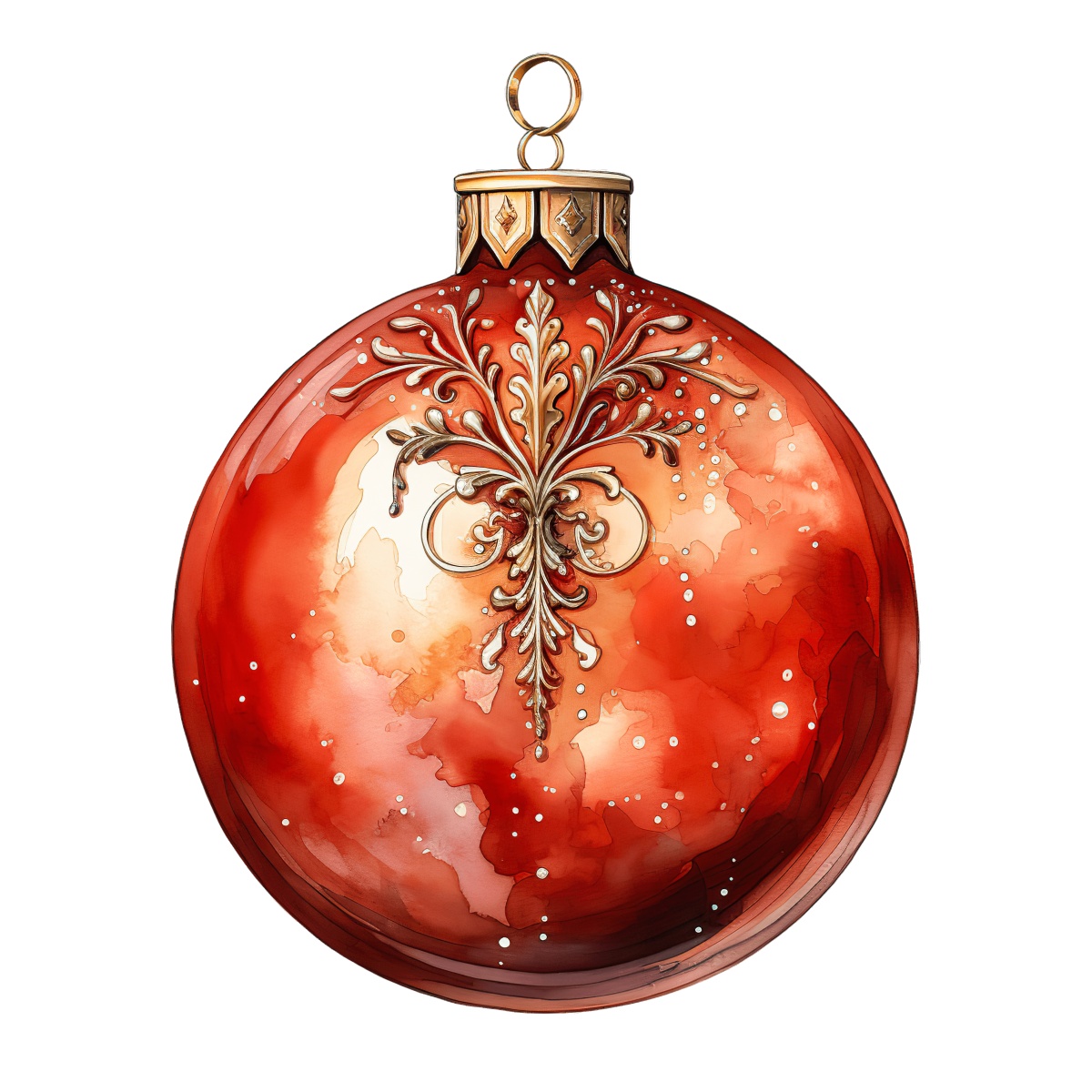 Red Christmas ornament with gold details and a hanging loop.
