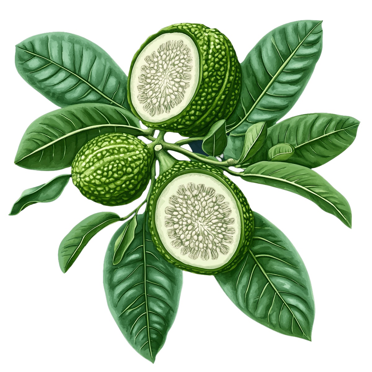 Green osage orange fruit with leaves.