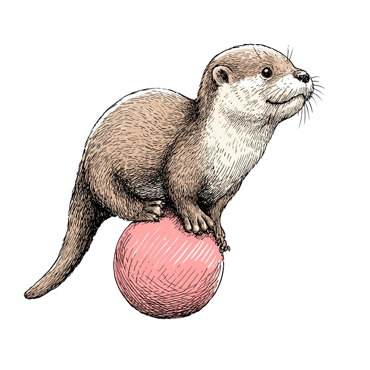 Otter balancing on a pink ball with detailed fur illustration.
