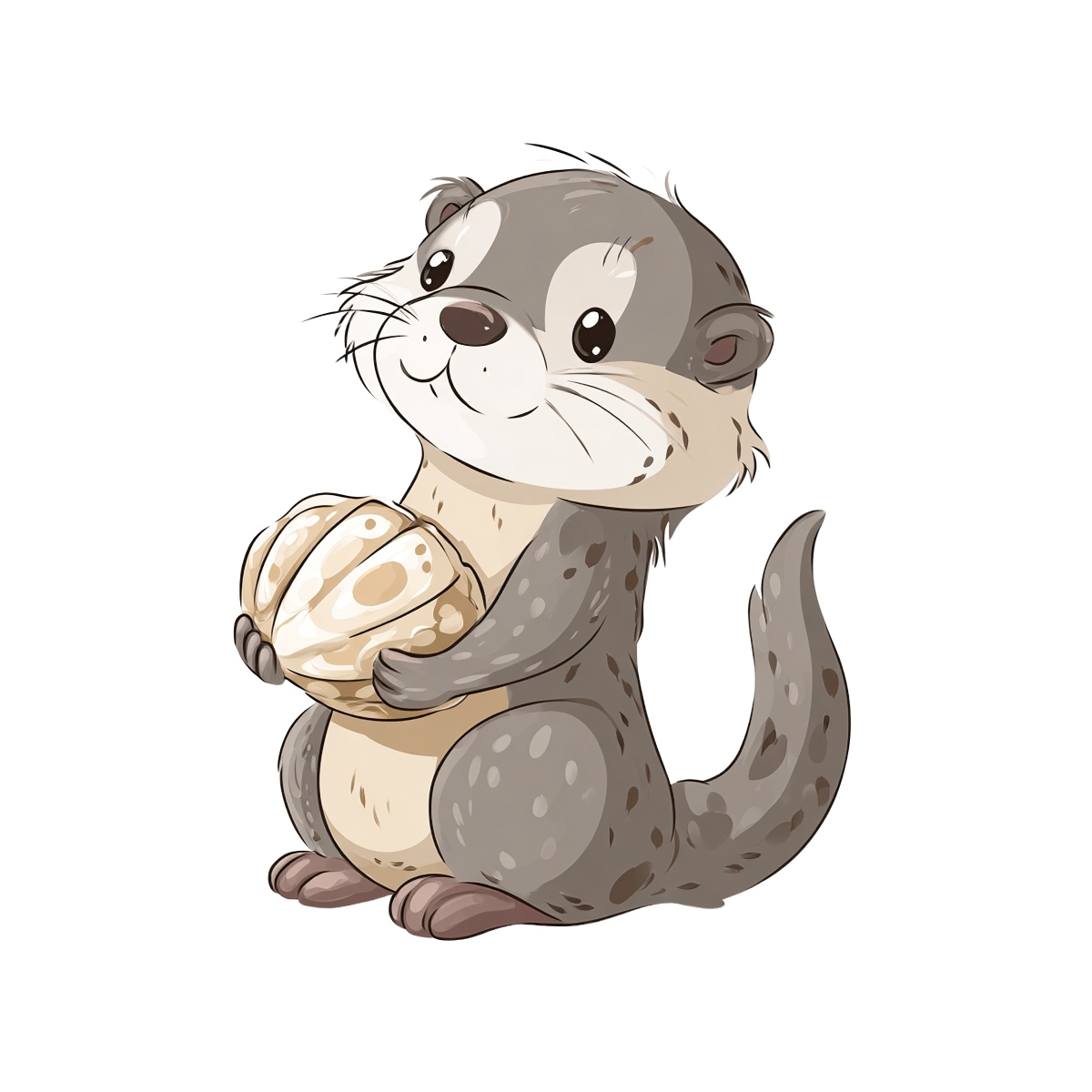 Cartoon otter holding a seashell with grey and cream fur.