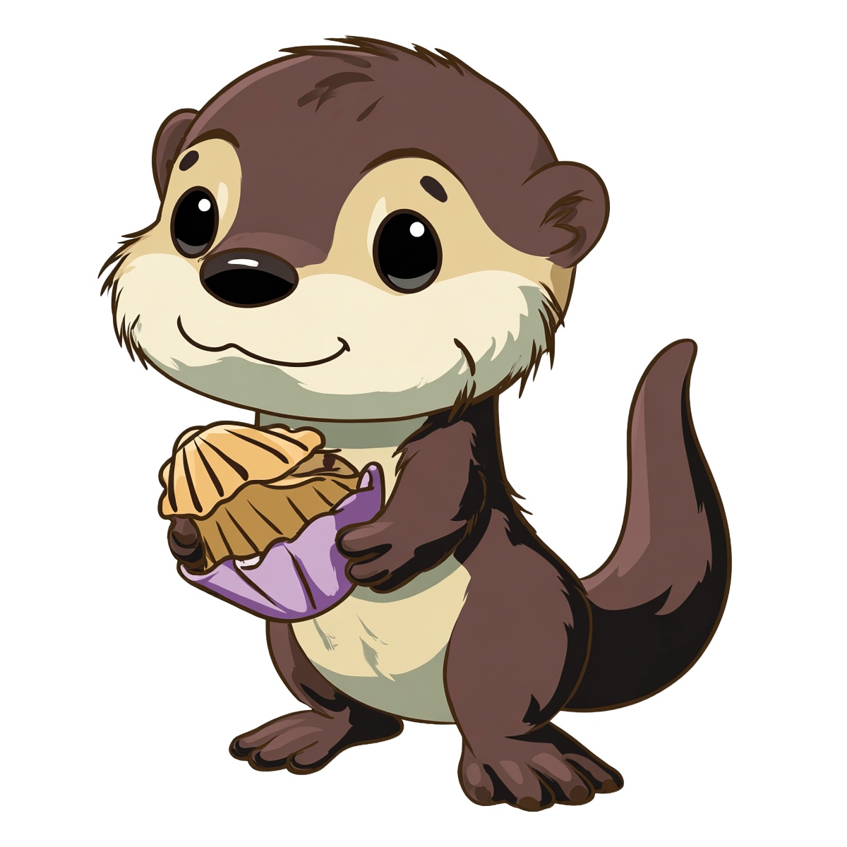 Cartoon otter holding a muffin with purple paper liner.