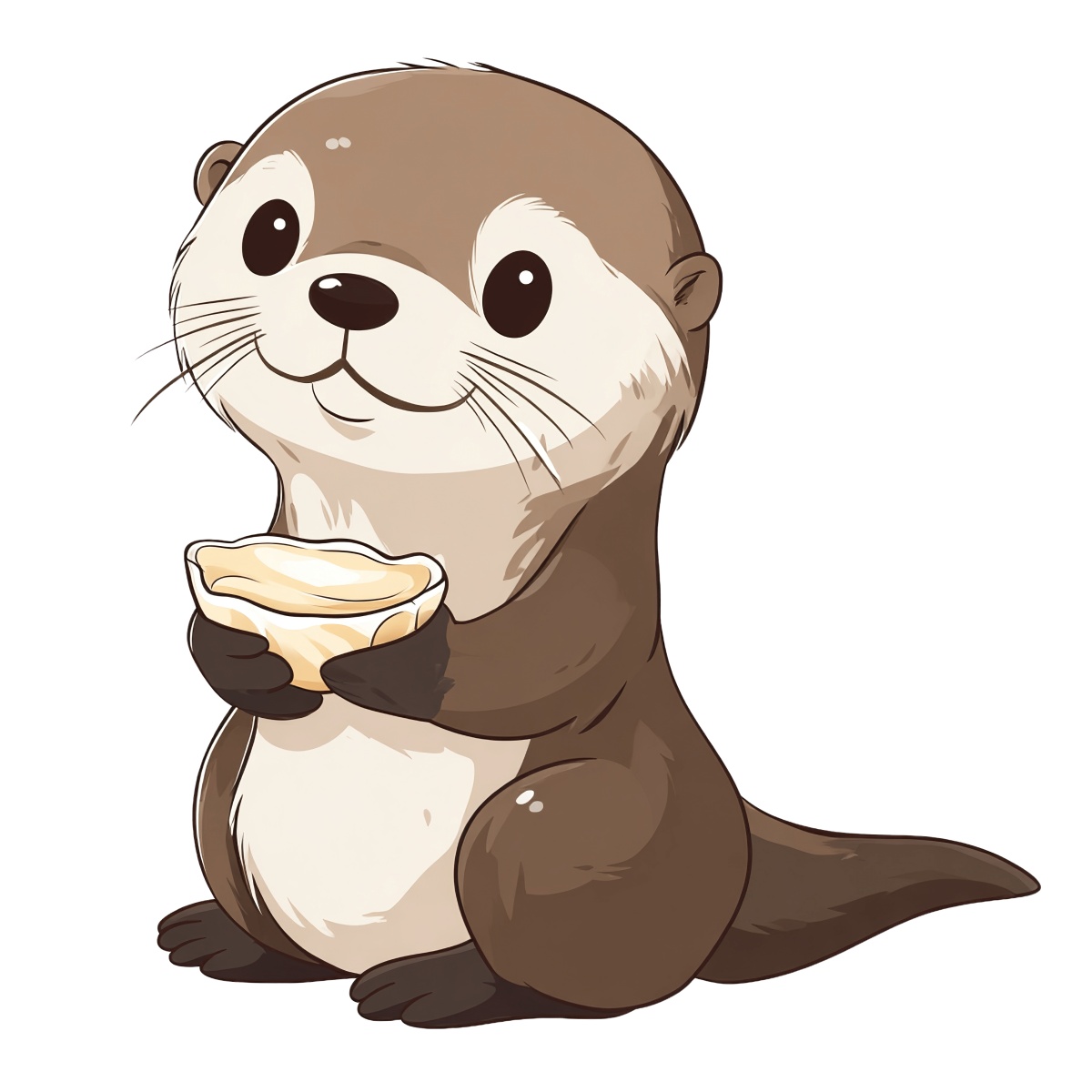 Otter sitting and holding a shell, brown coat, white face accents.
