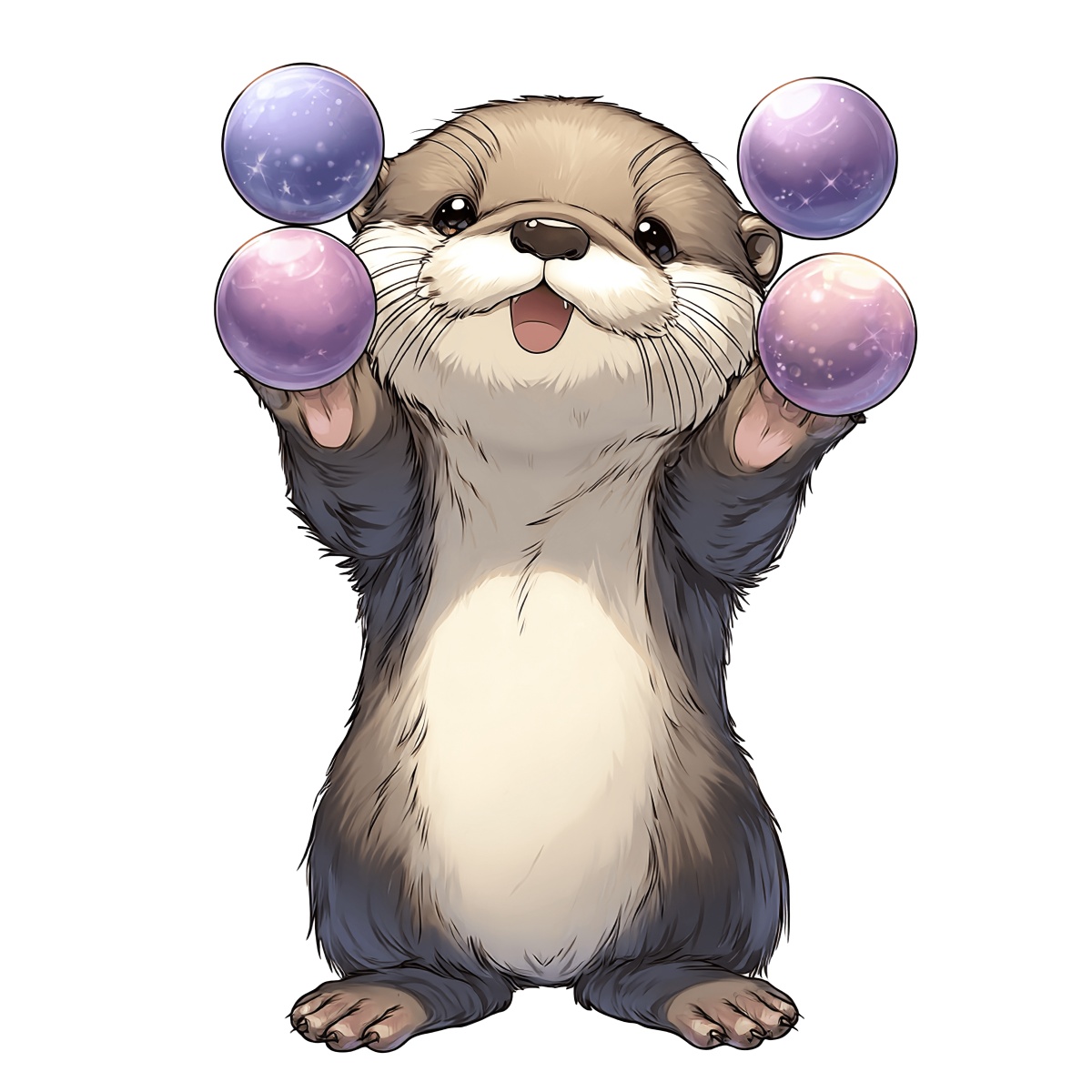 Otter with brown fur holding purple and pink balls in cartoon style.