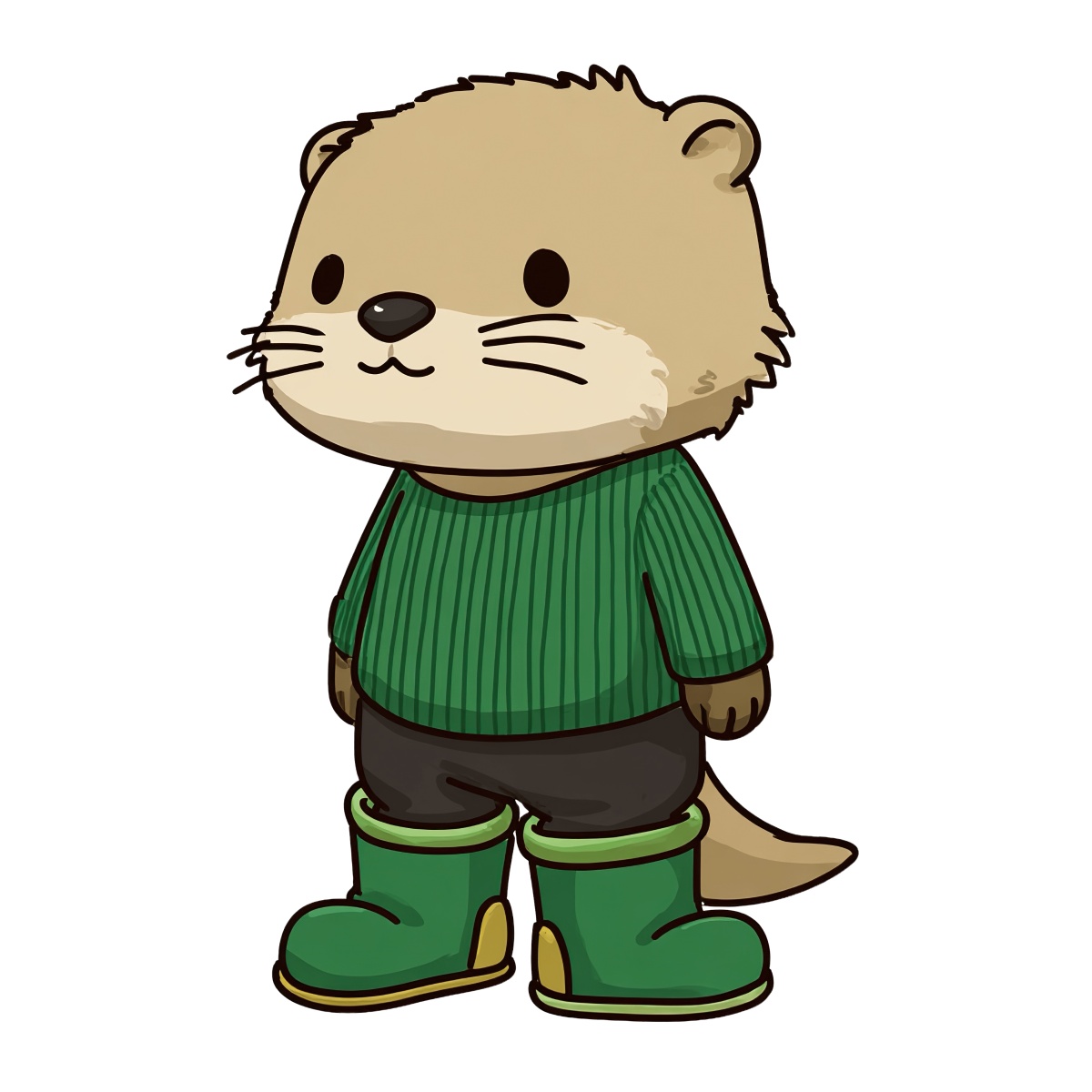 Otter in a green sweater and boots, cartoon style, standing.