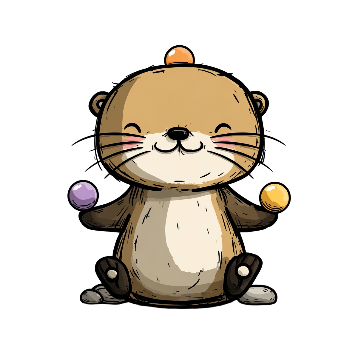 Otter juggling balls with brown fur and colorful orange, purple, yellow spheres.