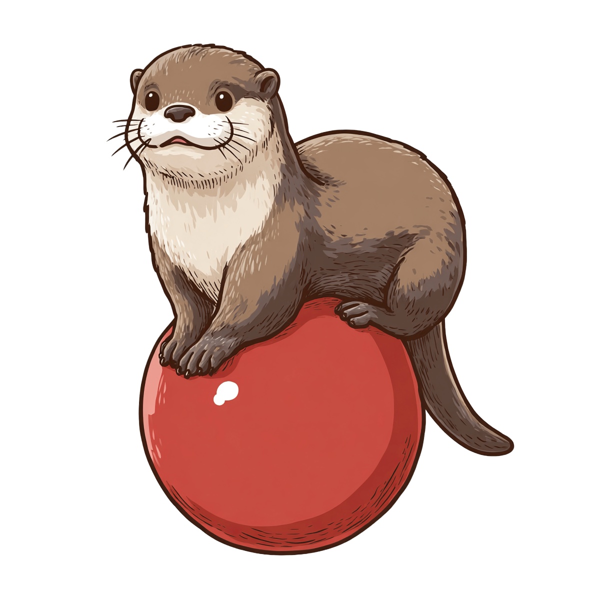 Otter sitting on a red ball, brown and cream fur, illustrated style.