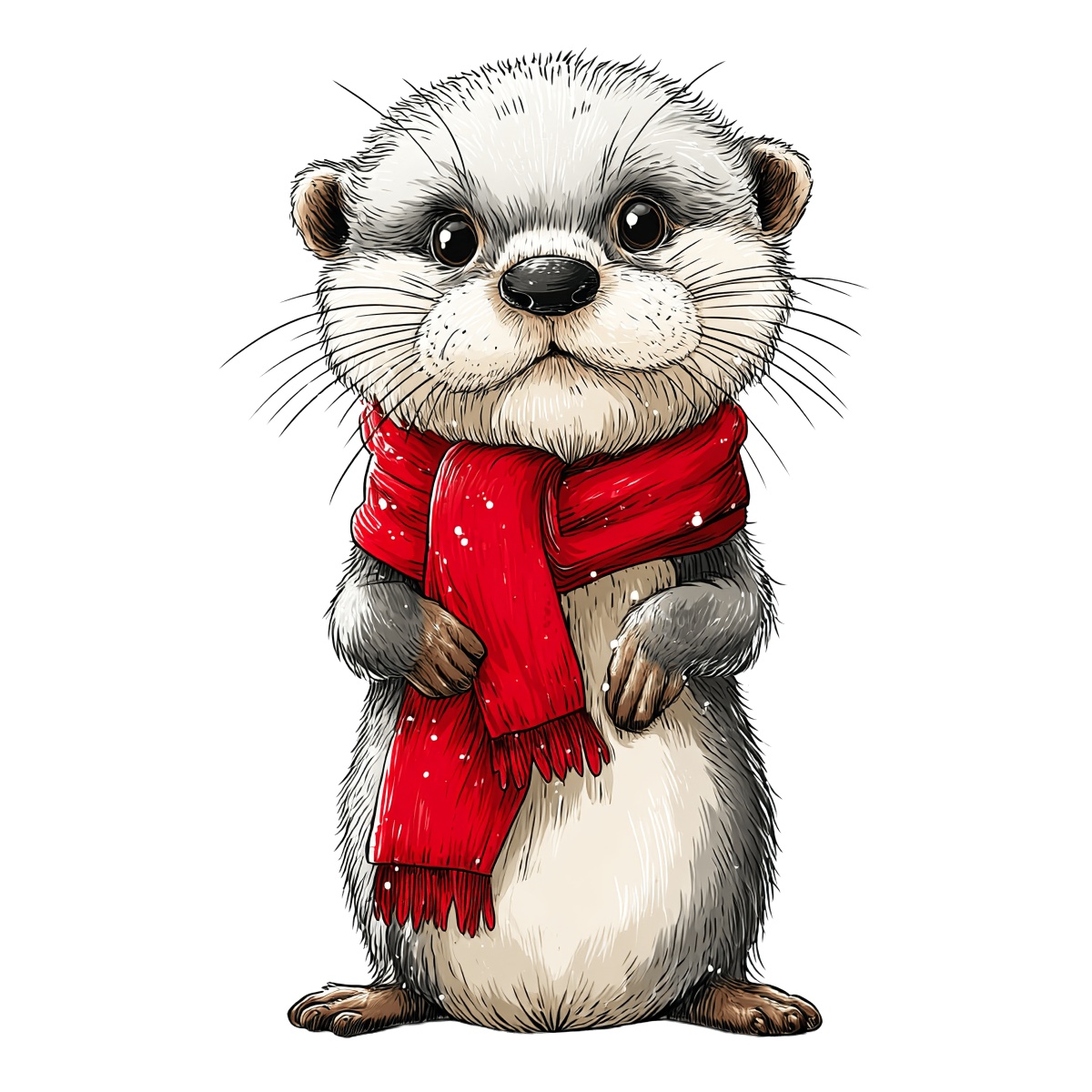 Otter with a red scarf, shown in a cartoon style with grey and white fur.