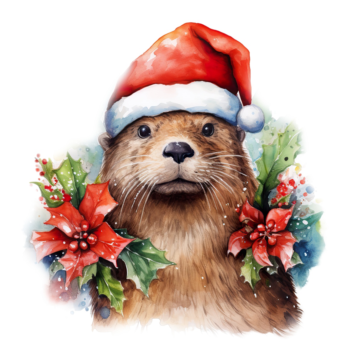 Otter with Santa hat surrounded by holly and red poinsettias for Christmas.