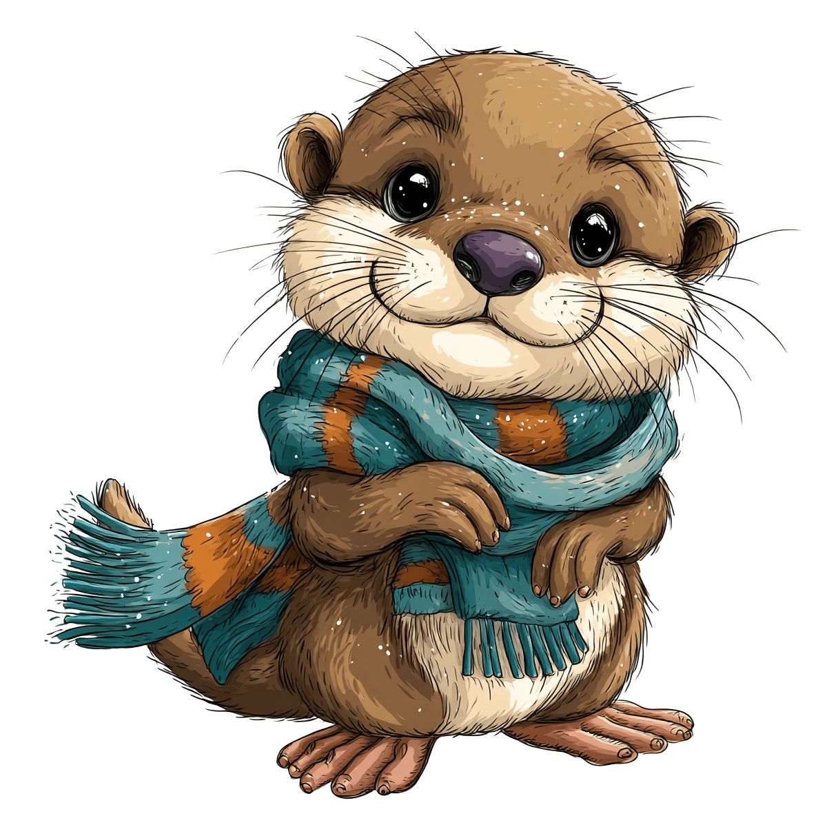 Otter with scarf, brown fur, vector style, standing with fringe scarf.
