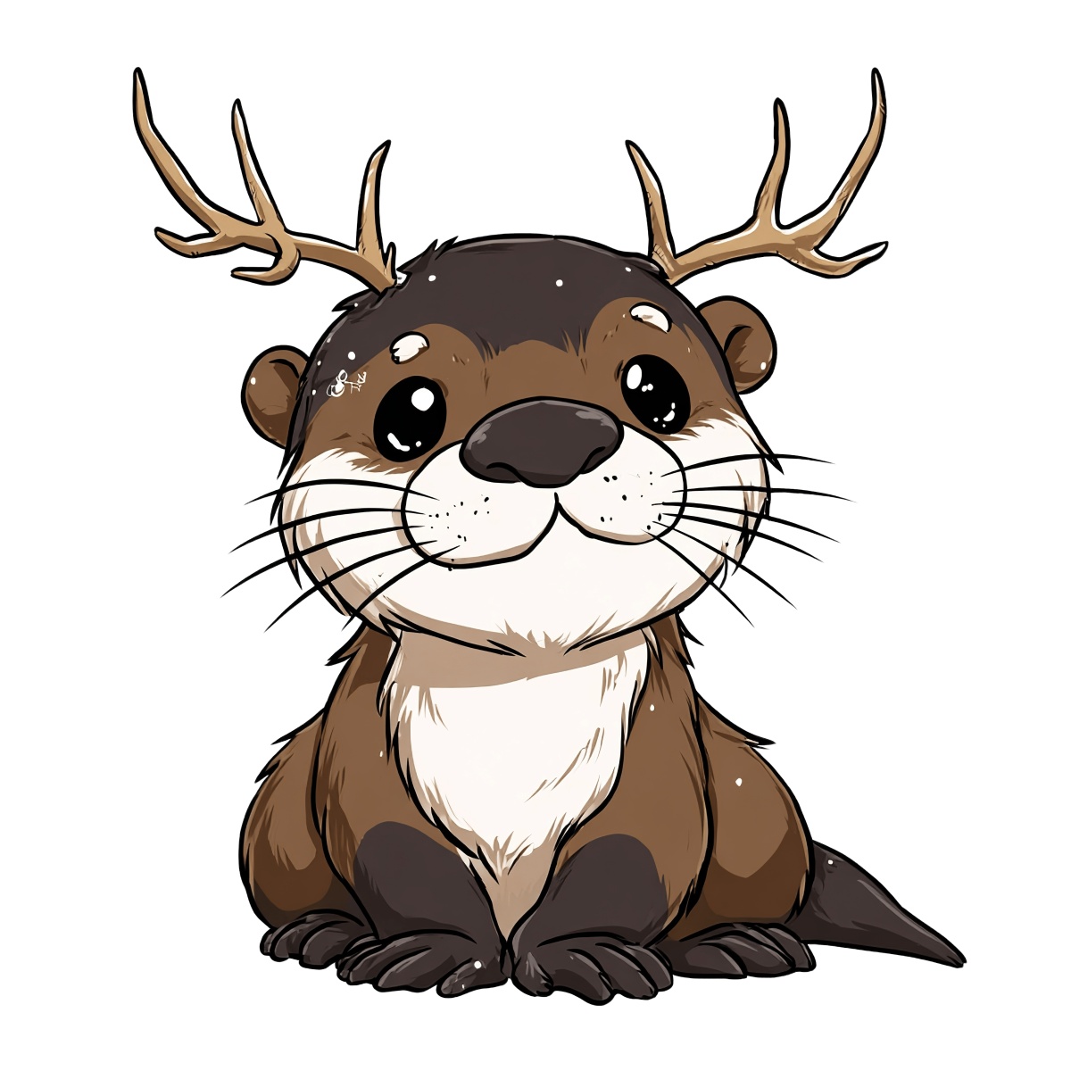 Otter with antlers in cartoon style, brown and white vector art.