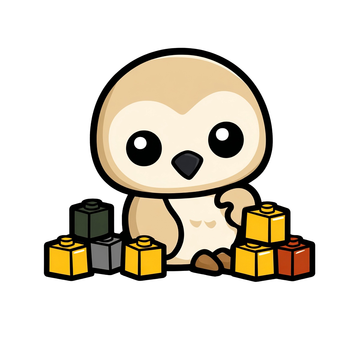 Owl surrounded by colorful blocks, beige with large eyes.