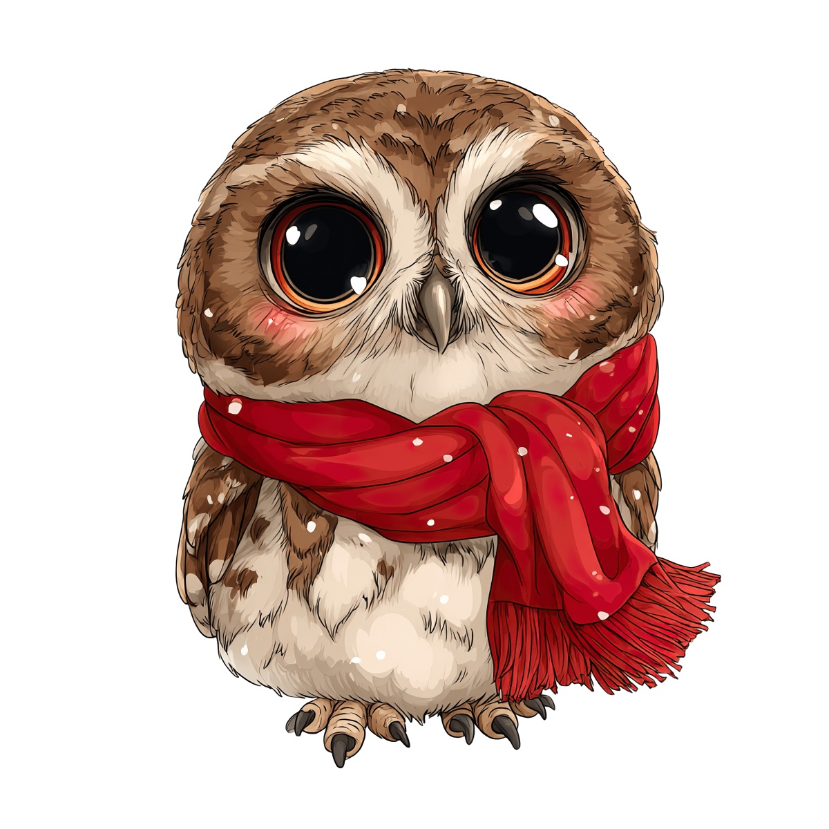Owl with brown feathers and red scarf in clipart style.