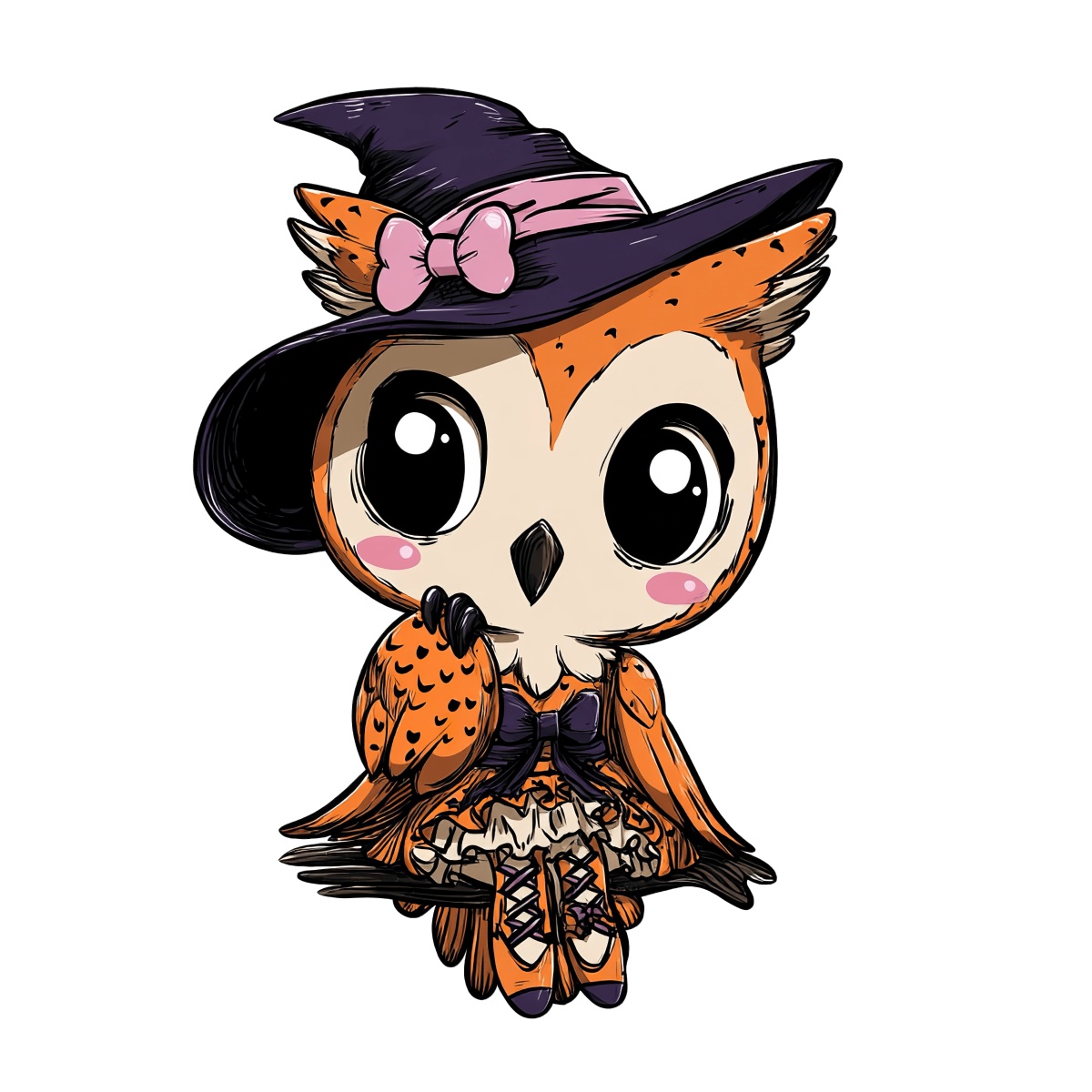 Owl dressed in purple witch hat with pink bow sitting on branch.