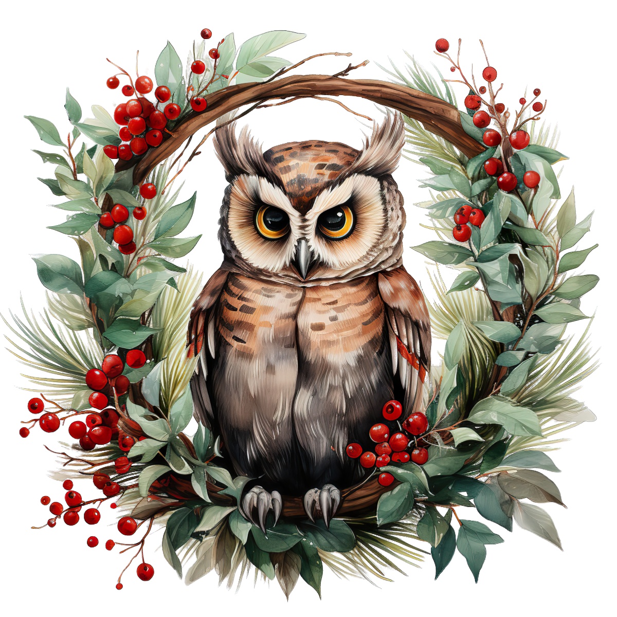 Owl sitting in a wreath decorated with red berries and green foliage.