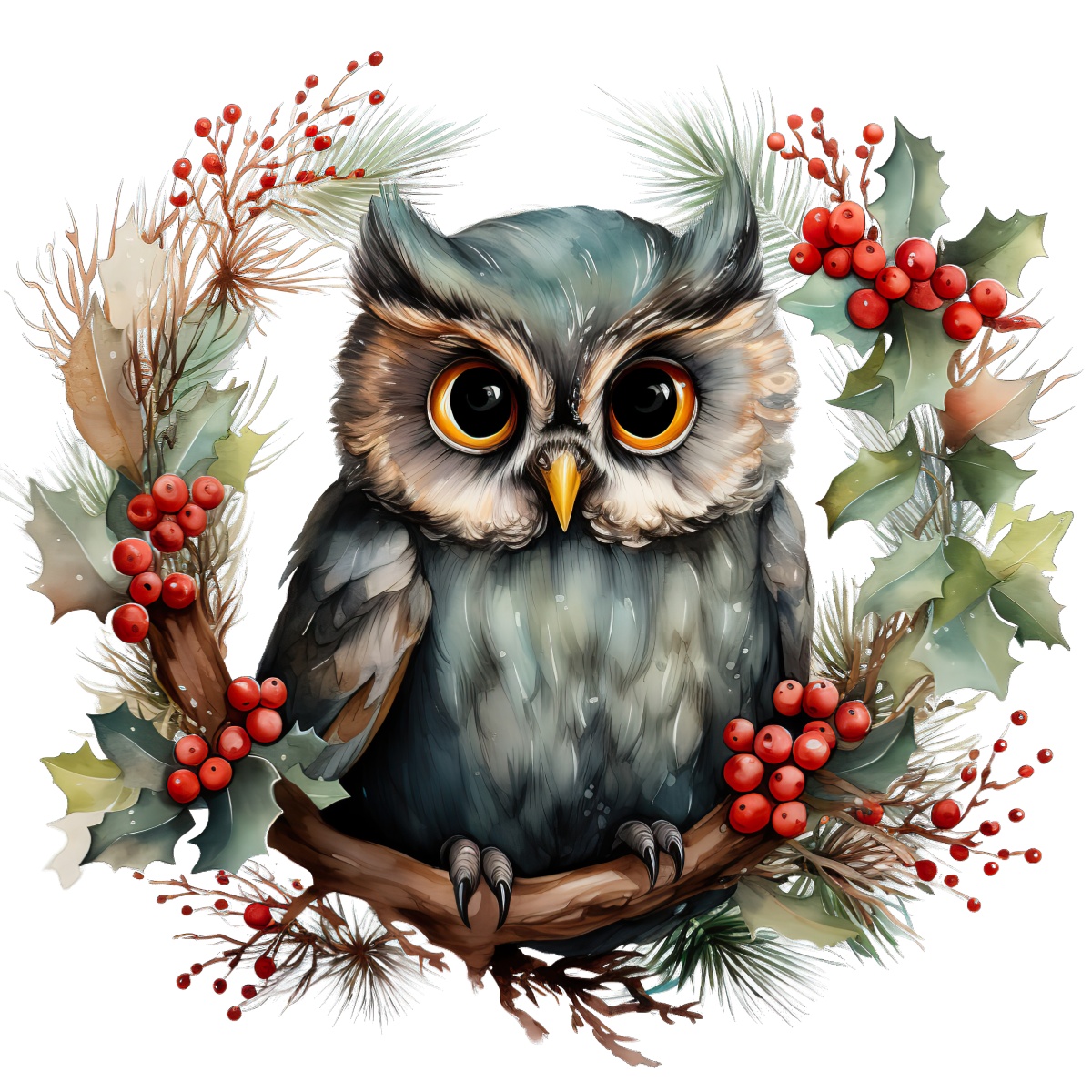 Gray owl sitting in a wreath with holly and pine branches.