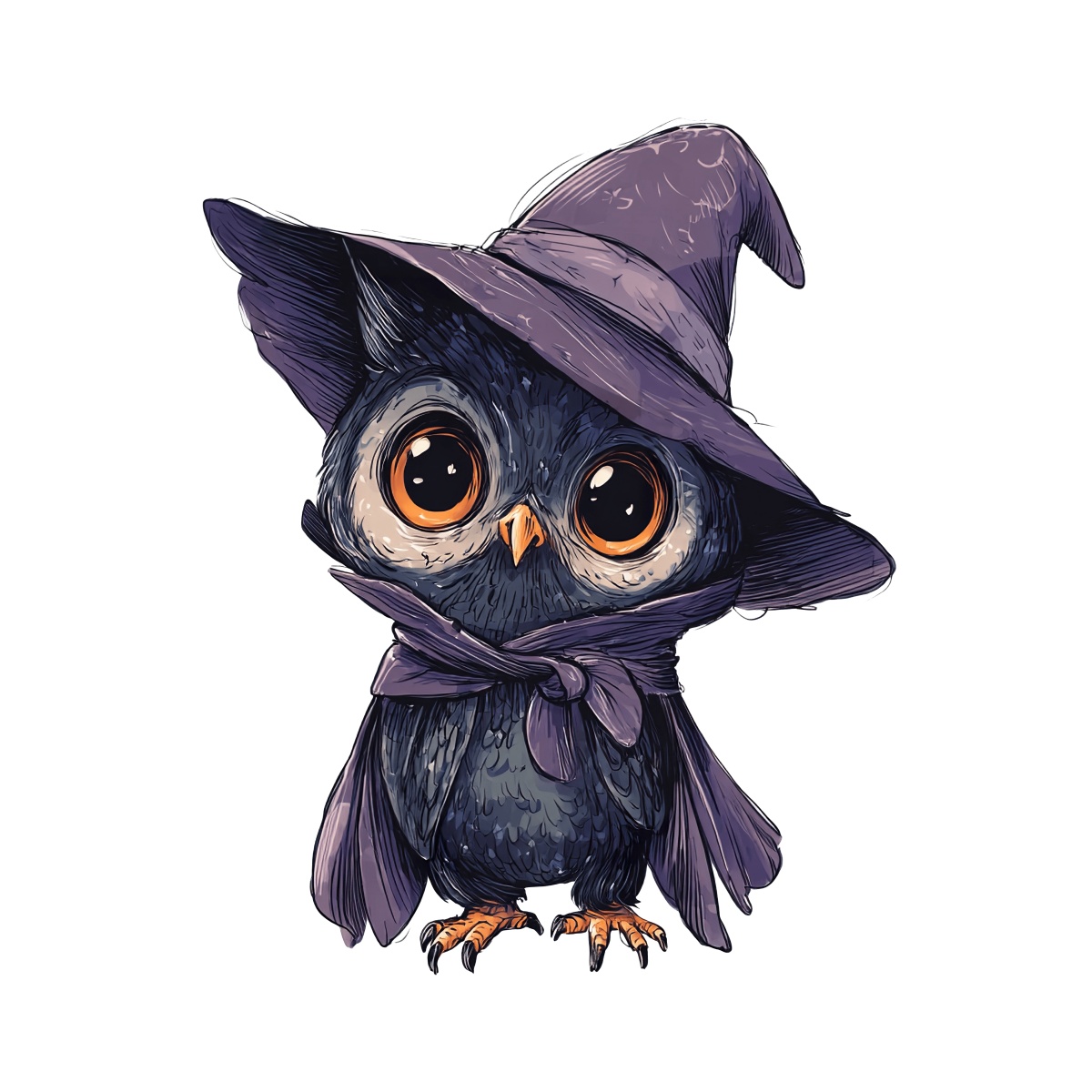 Owl in purple hat and scarf, dark feathers, large eyes.